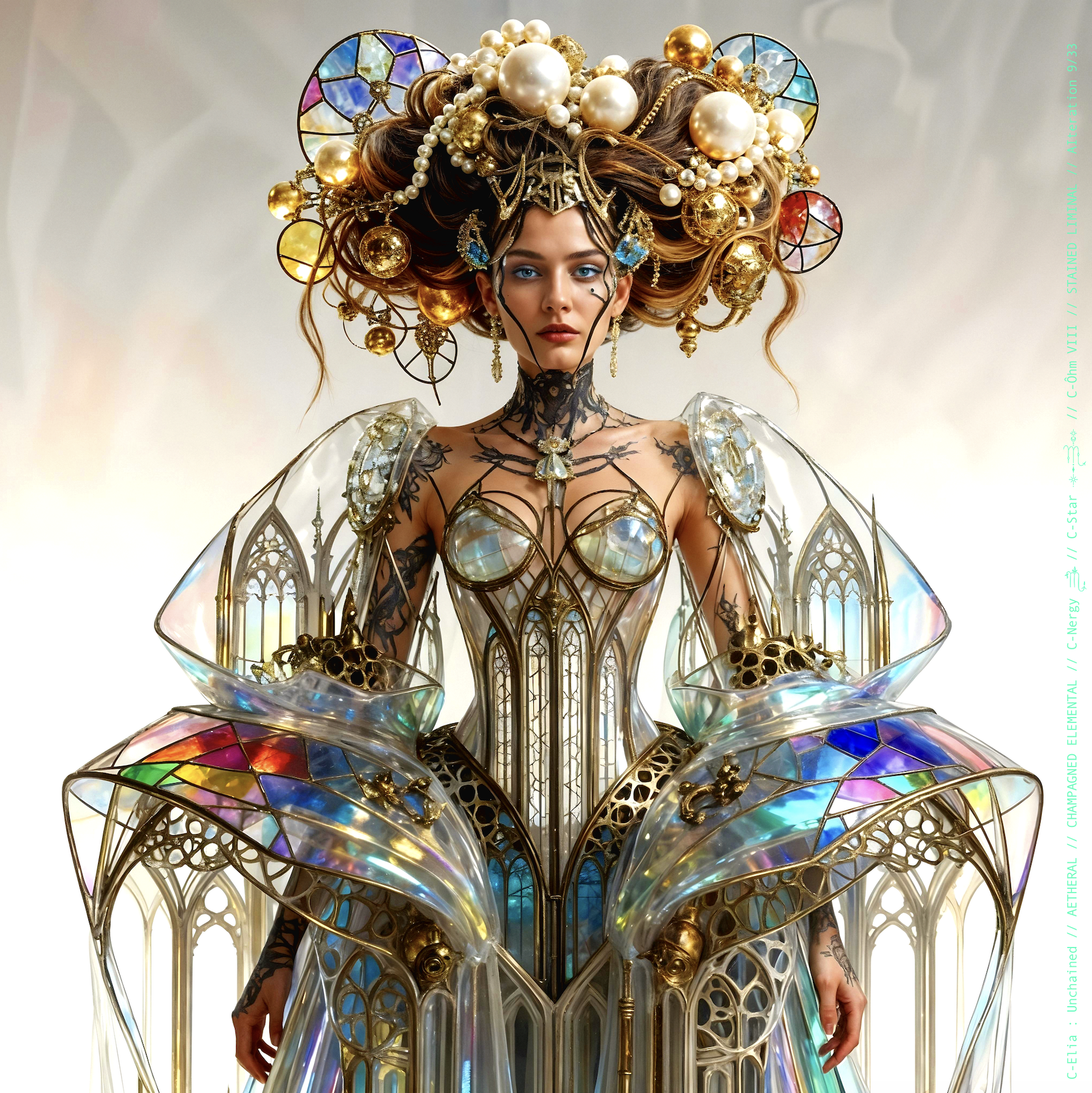 Surreal haute meta couture NFT silhouette from C-Elia: Unchained, Stained Liminal collection, inspired by cathedral stained glass and Mondrian geometry, merging sacred light, metallic reflections, and futuristic architecture into a living holographic couture sculpture.