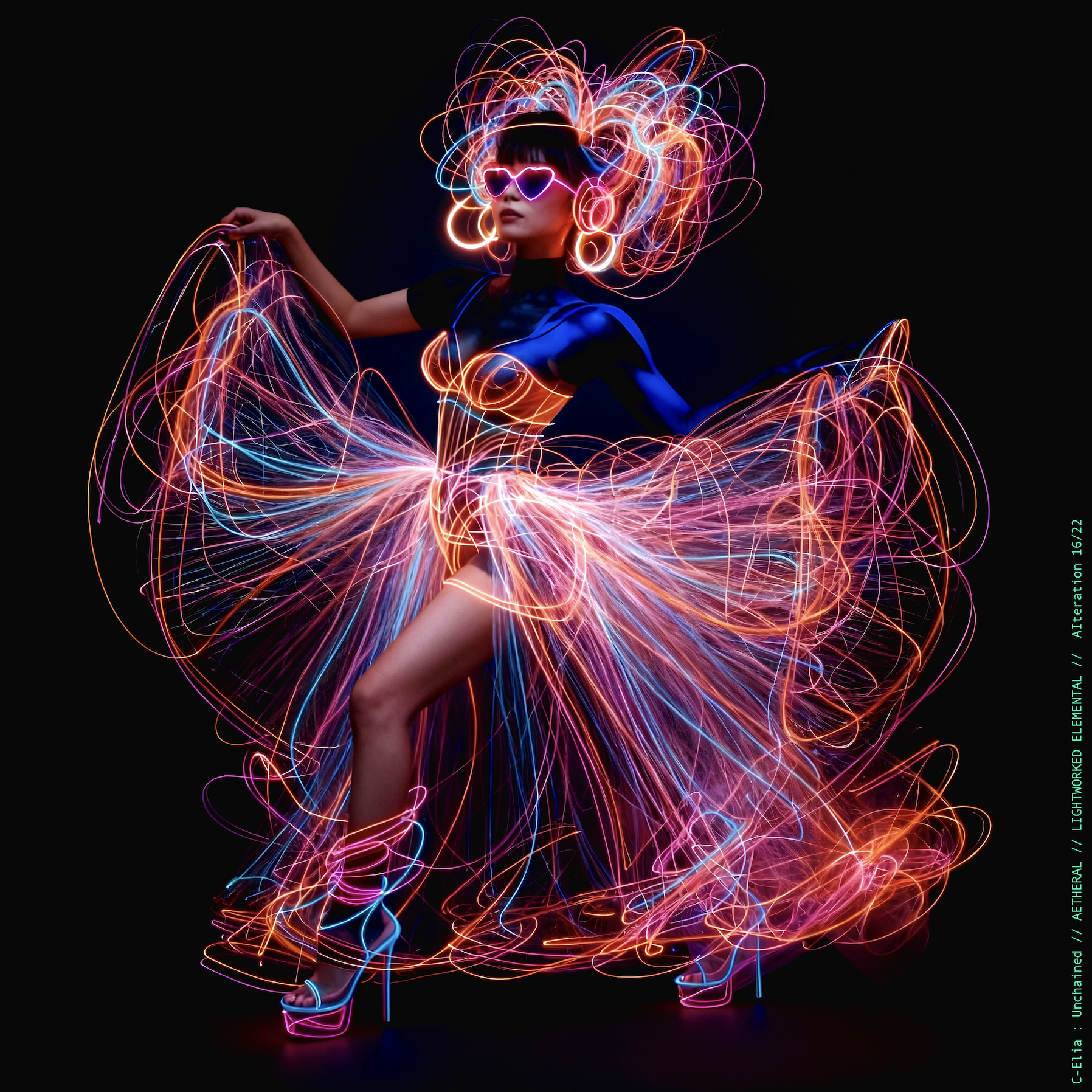 Surreal haute meta couture NFT silhouette from C-Elia: Unchained, Lightworked Elemental collection, a luminous architectural form sketched entirely in neon-painted lines and glowing contours, blending avant-garde light geometry with ethereal couture energy.