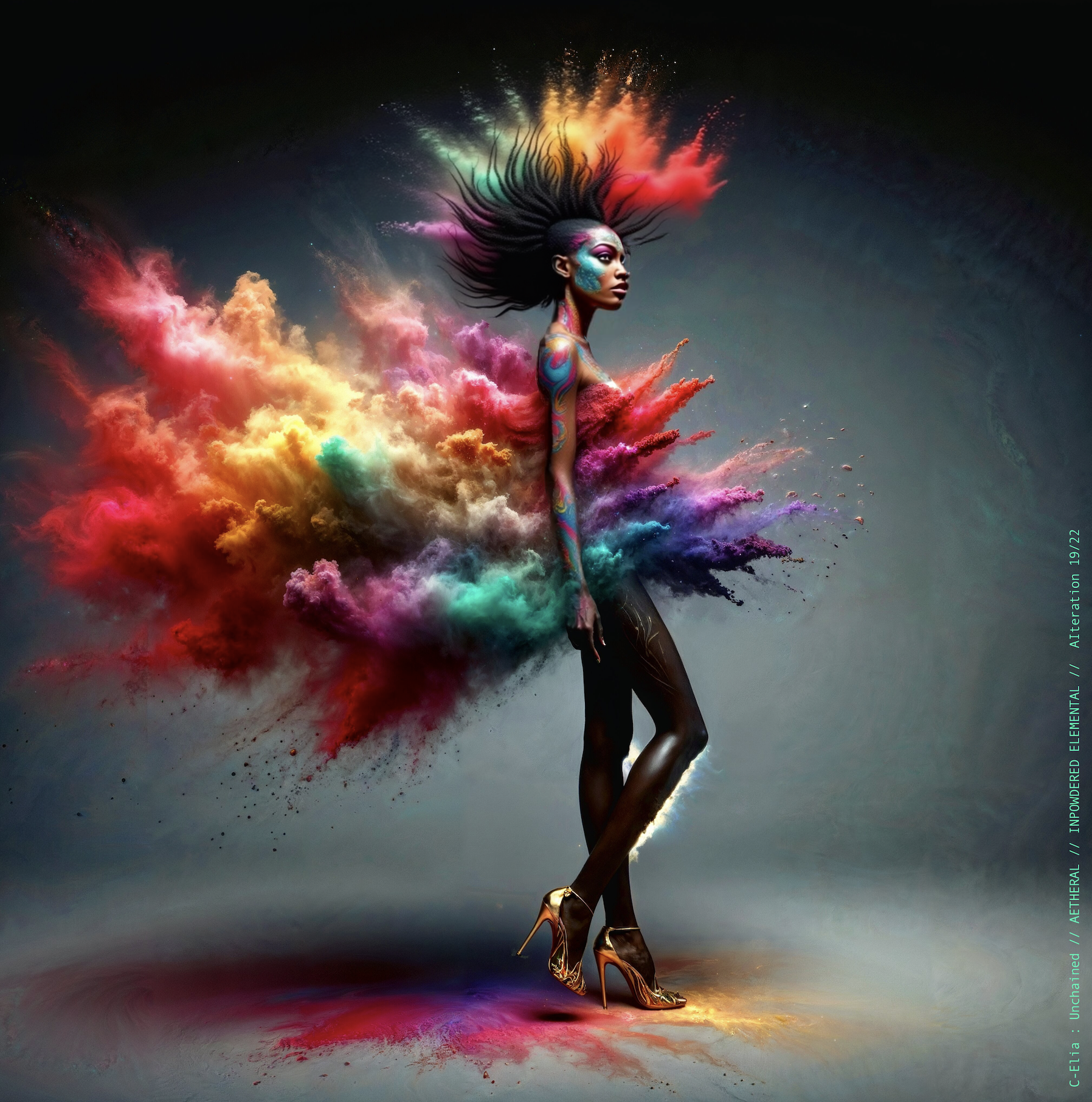 Surreal haute meta couture NFT silhouette from C Elia Unchained, Impowdered Elemental collection, formed from airborne rainbow powders, vaporous chromatic clouds and wind-sculpted avant garde couture.