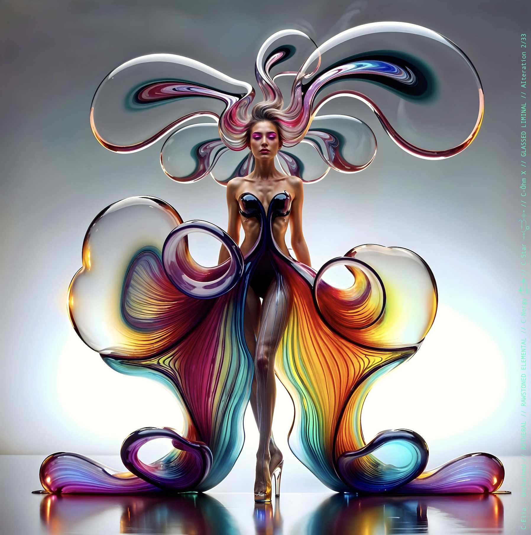 Surreal haute meta couture NFT silhouette from C-Elia: Unchained, Glassed Liminal collection, inspired by blown glass and molten light, merging fragility, transparency and grandeur into an avant garde architectural couture sculpture.