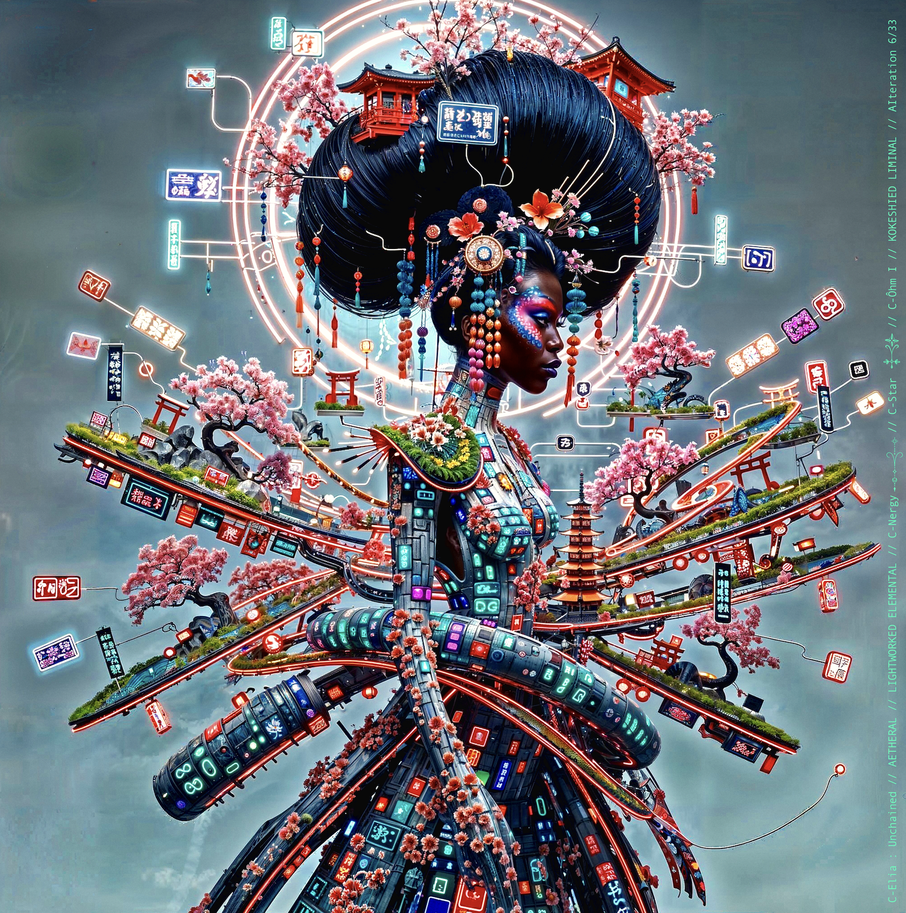 Surreal haute meta couture NFT silhouette from C-Elia: Unchained, Kokeshied Liminal, a fusion of Kyoto serenity and Shibuya light embodied in a living digital shrine.