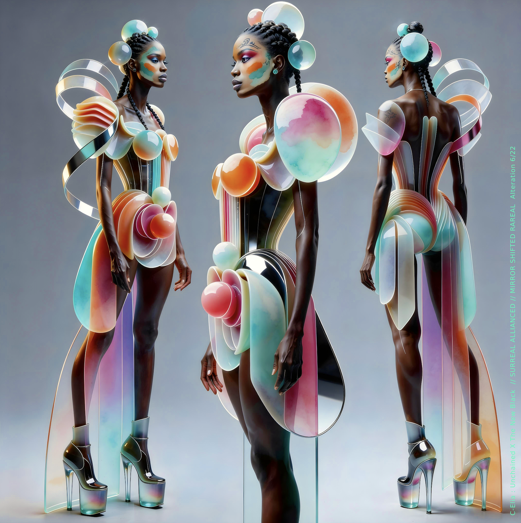 Surreal haute meta couture NFT silhouette from C-Elia: Unchained, Thenewblacked Allianced Liminal, created in collaboration with tThe New Black, merging resin, glass, acrylic and light into a living prism of translucent geometry.