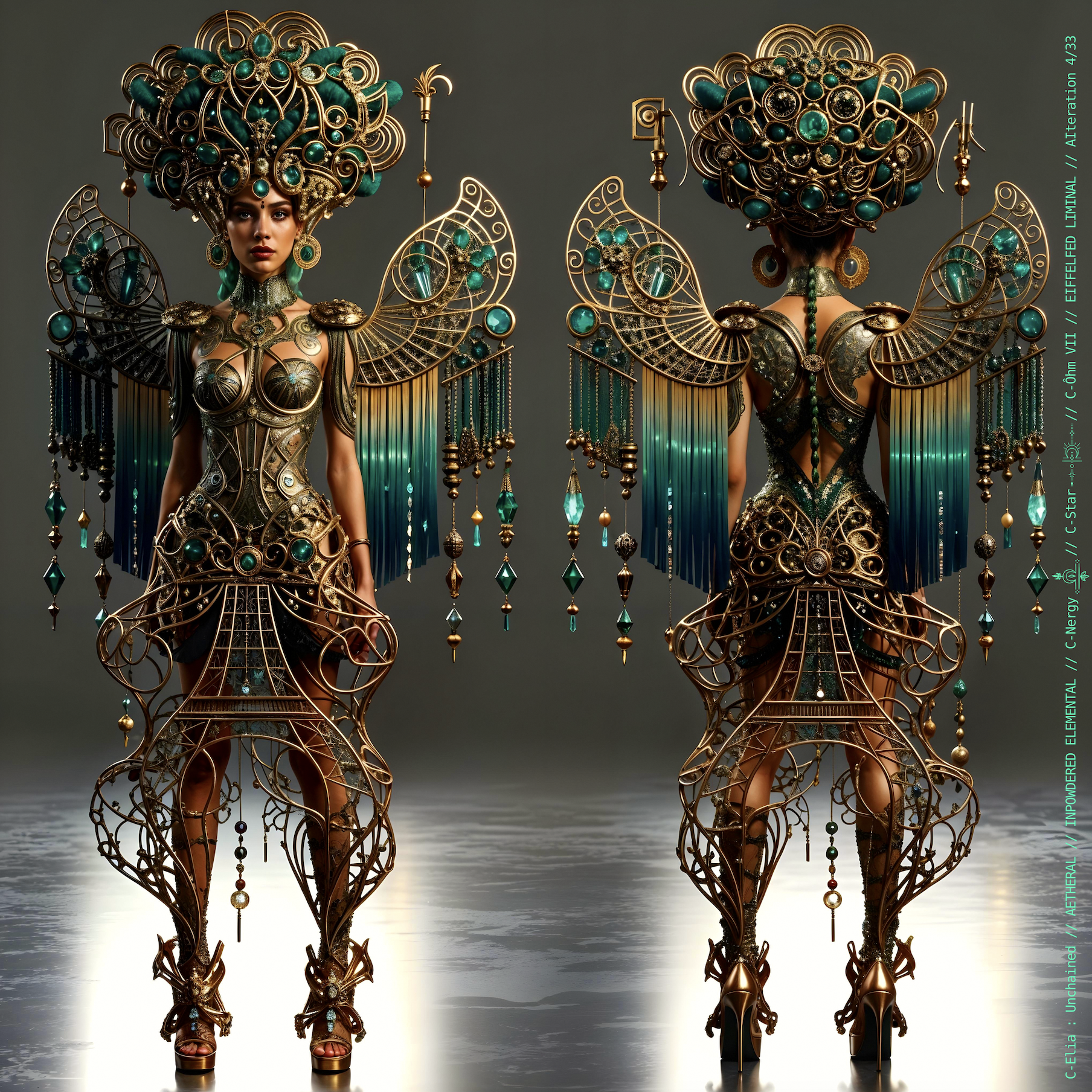 Surreal haute meta couture NFT silhouette from C Elia Unchained, Eiffelfed Liminal collection, merging openwork copper metal, emerald braids, metallic glyph makeup and Parisian architectural couture infused with the atmospheric pulse of Massive Attack and Mad Professor’s “Three.”