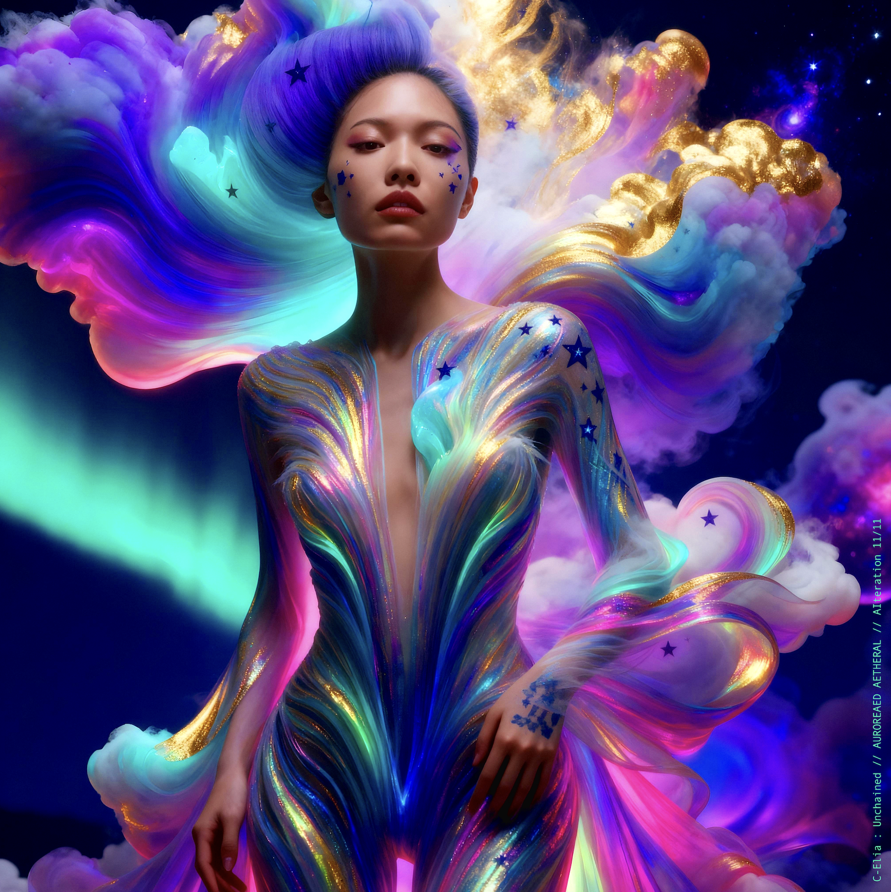 Surreal haute meta couture NFT silhouette from C Elia Unchained, Auroreaed Aetheral collection, formed from aurora borealis clouds, vaporous gradients, celestial mist and atmospheric couture inspired by M I A’s Matangi Mixtape by Kenzo.