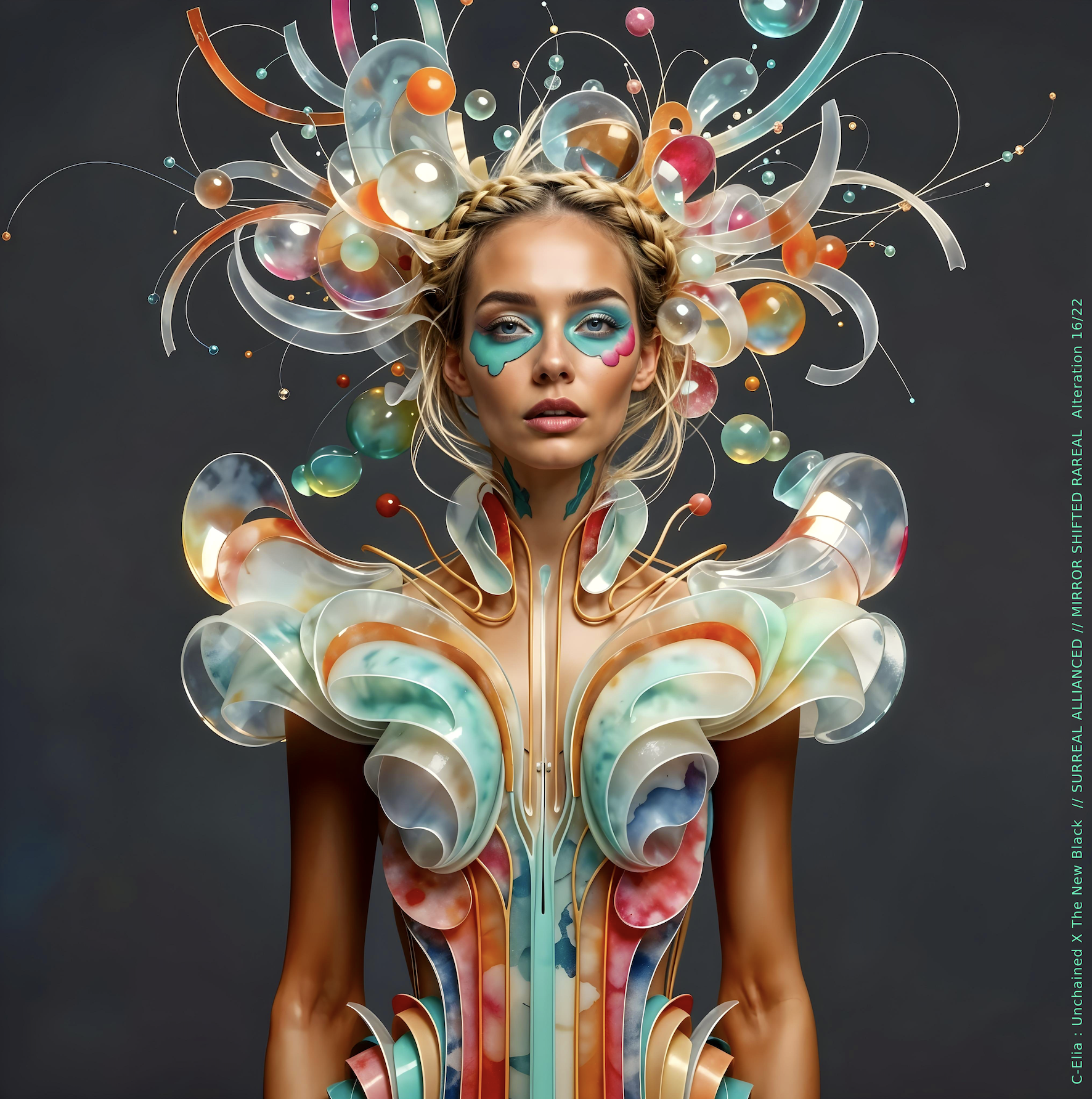 Surreal haute meta couture NFT silhouette from C-Elia: Unchained, Thenewblacked Allianced Liminal, created in collaboration with tThe New Black, merging resin, glass, acrylic and light into a living prism of translucent geometry.