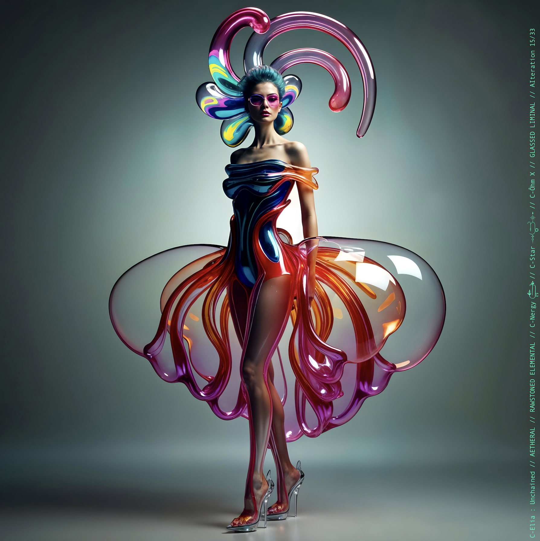 Surreal haute meta couture NFT silhouette from C-Elia: Unchained, Glassed Liminal collection, inspired by blown glass and molten light, merging fragility, transparency and grandeur into an avant garde architectural couture sculpture.
