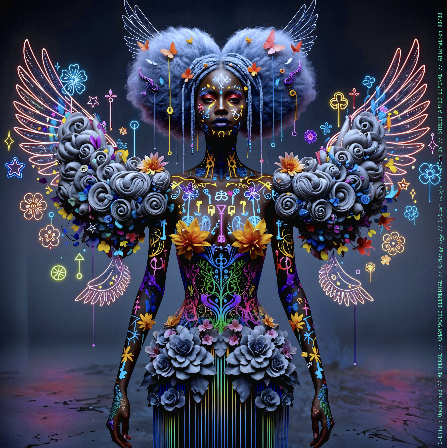 Surreal haute meta couture NFT silhouette from C Elia Unchained, Streetarted Liminal collection, merging liquid graffiti textures, neon mist, chromatic drips and atmospheric street-paint couture.
