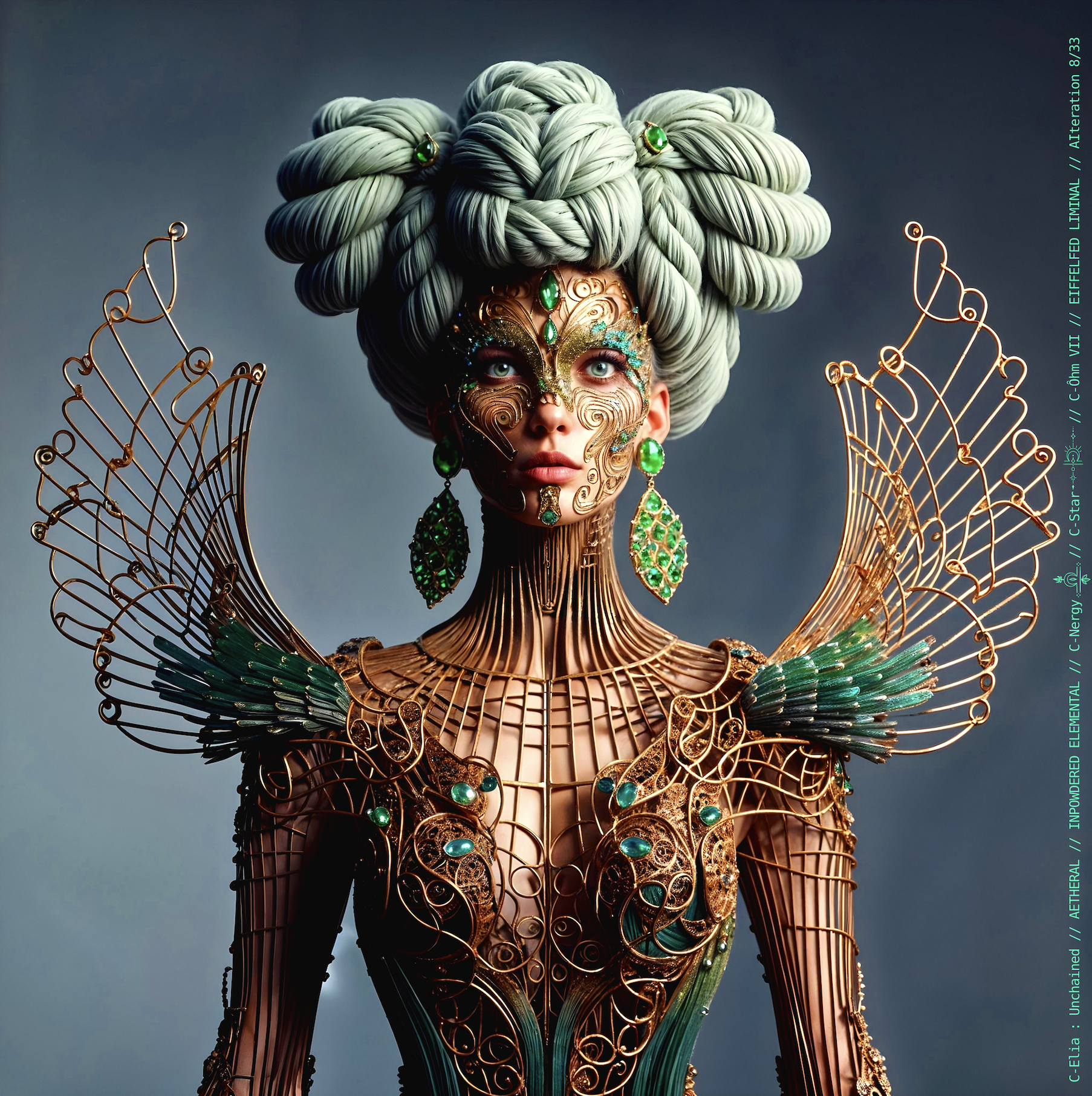 Surreal haute meta couture NFT silhouette from C Elia Unchained, Eiffelfed Liminal collection, merging openwork copper metal, emerald braids, metallic glyph makeup and Parisian architectural couture infused with the atmospheric pulse of Massive Attack and Mad Professor’s “Three.”