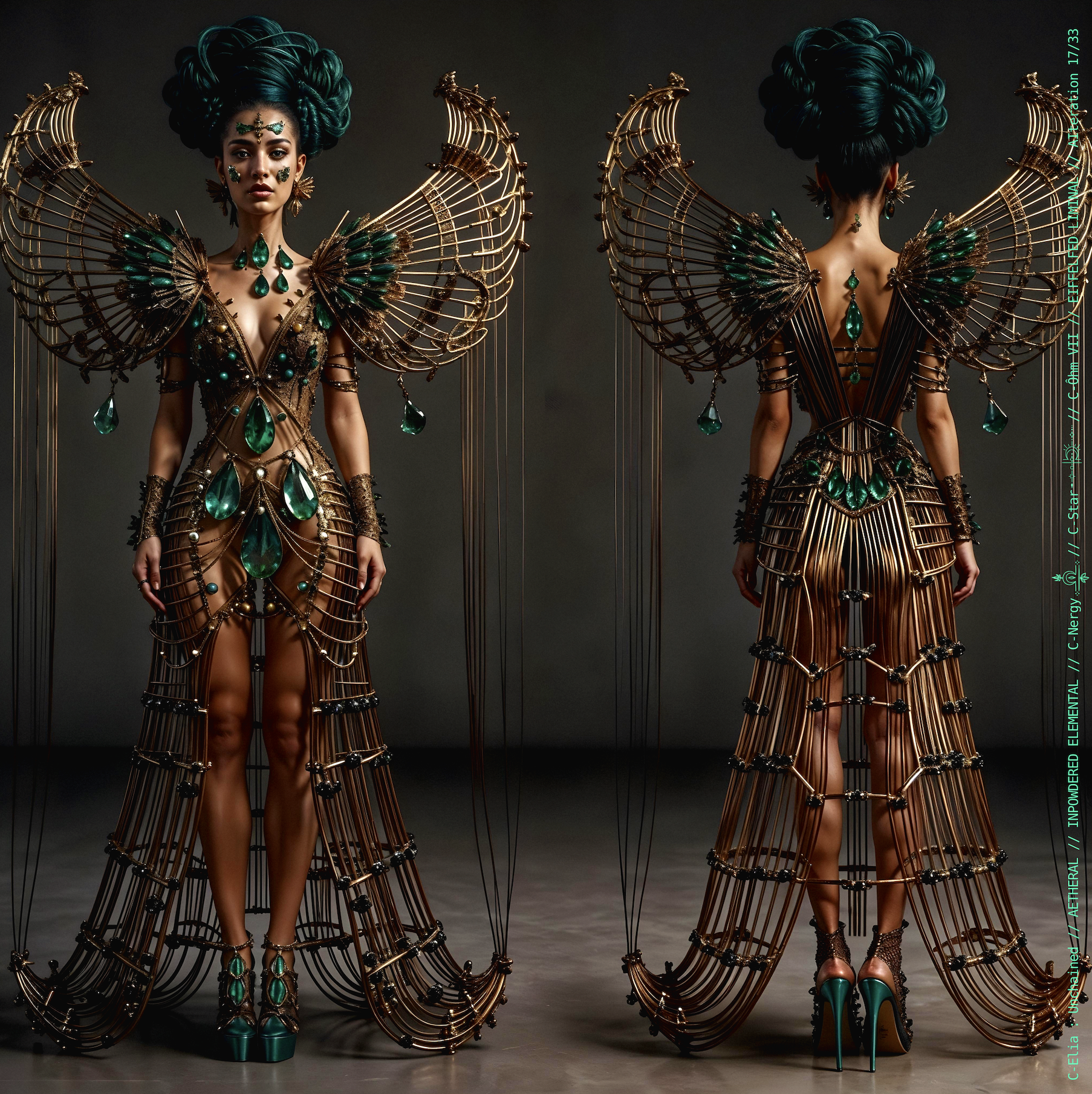 Surreal haute meta couture NFT silhouette from C Elia Unchained, Eiffelfed Liminal collection, merging openwork copper metal, emerald braids, metallic glyph makeup and Parisian architectural couture infused with the atmospheric pulse of Massive Attack and Mad Professor’s “Three.”