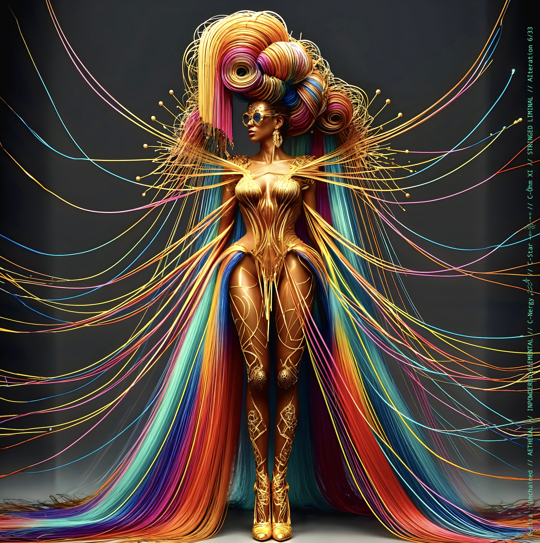 Surreal haute meta  couture NFT silhouette from C-Elia: Unchained, Stringed Liminal collection. A living sculpture made entirely of golden and colored strings, merging art, vibration and geometry into a resonant couture form.