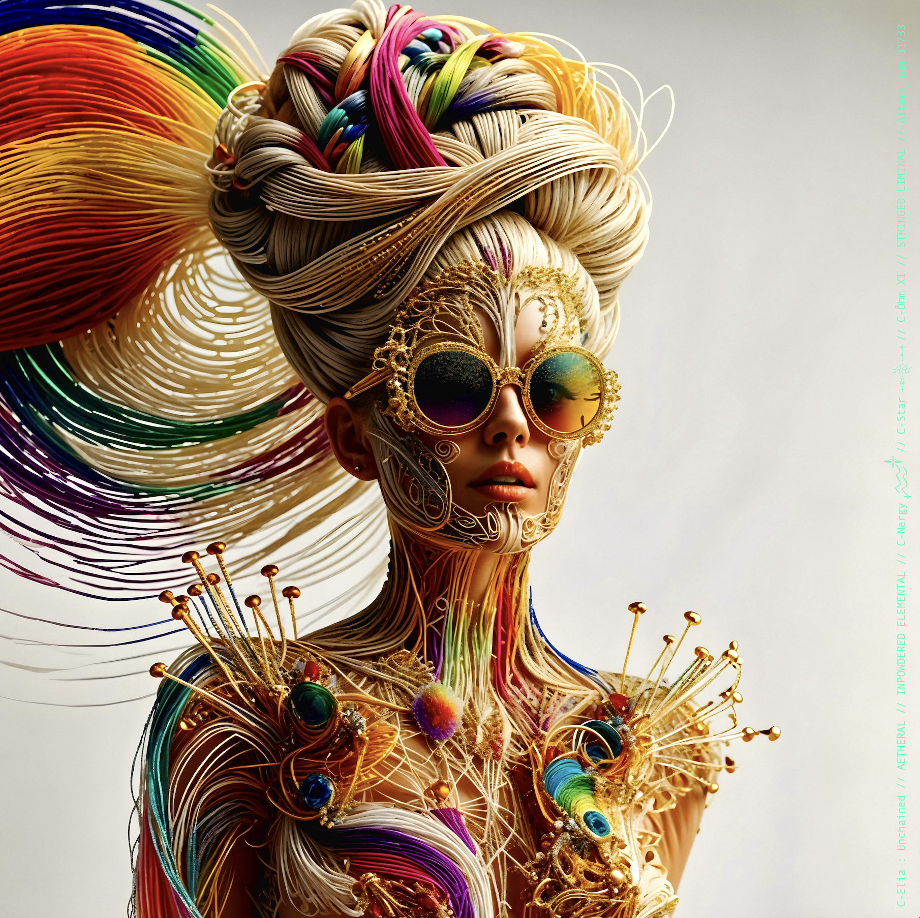 Surreal haute meta  couture NFT silhouette from C-Elia: Unchained, Stringed Liminal collection. A living sculpture made entirely of golden and colored strings, merging art, vibration and geometry into a resonant couture form.