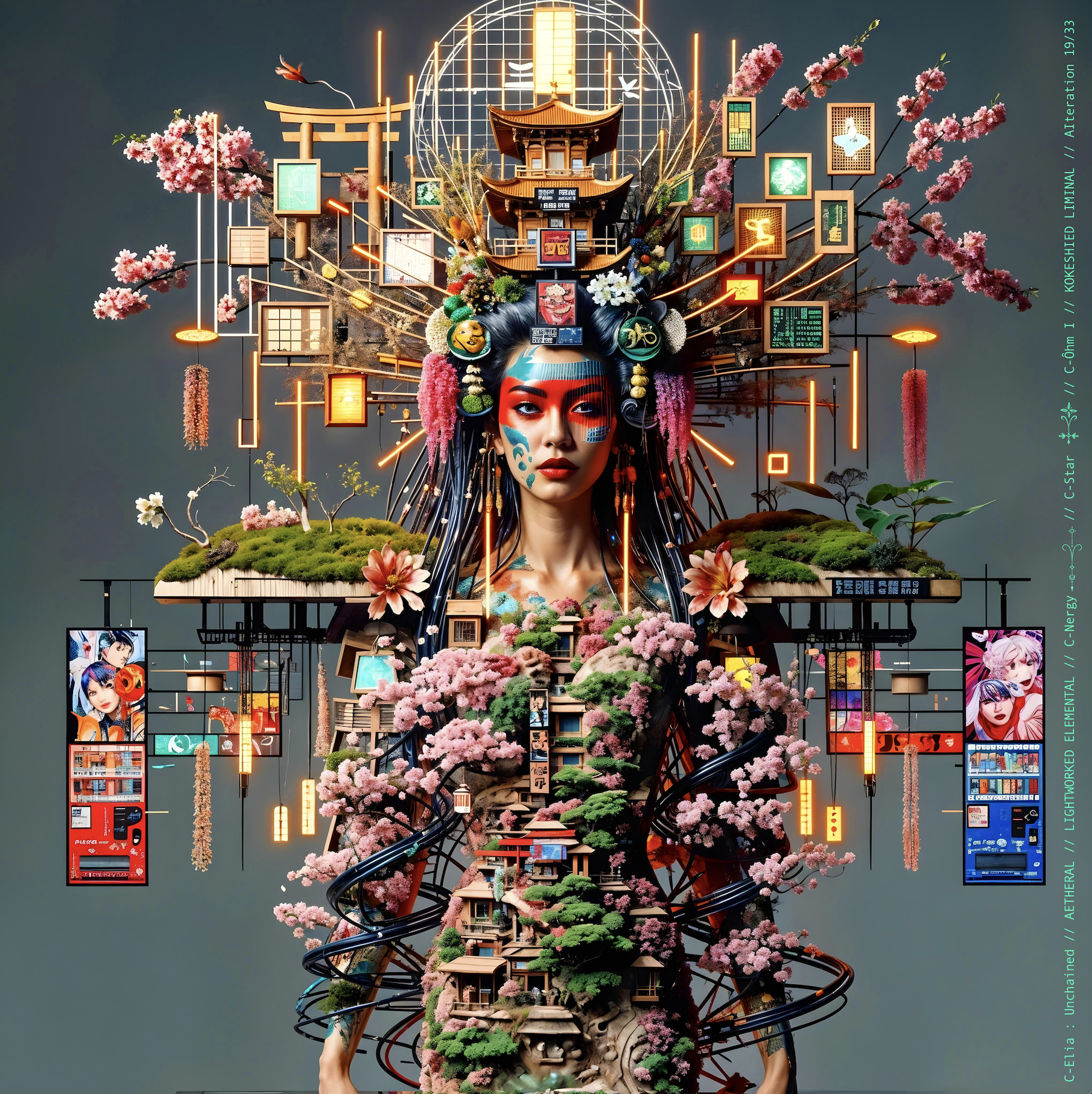 Surreal haute meta couture NFT silhouette from C-Elia: Unchained, Kokeshied Liminal, a fusion of Kyoto serenity and Shibuya light embodied in a living digital shrine.