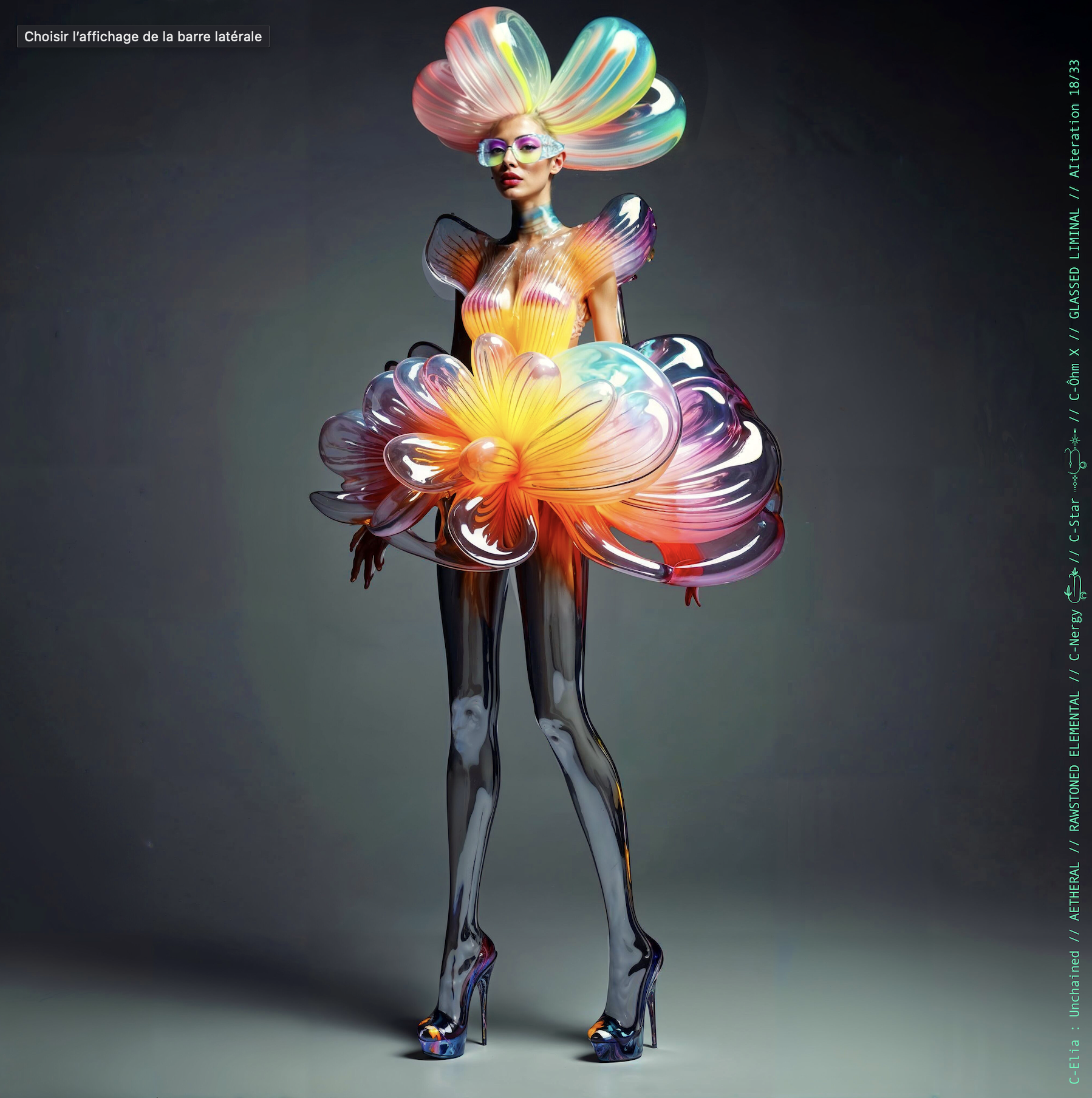 Surreal haute meta couture NFT silhouette from C-Elia: Unchained, Glassed Liminal collection, inspired by blown glass and molten light, merging fragility, transparency and grandeur into an avant garde architectural couture sculpture.