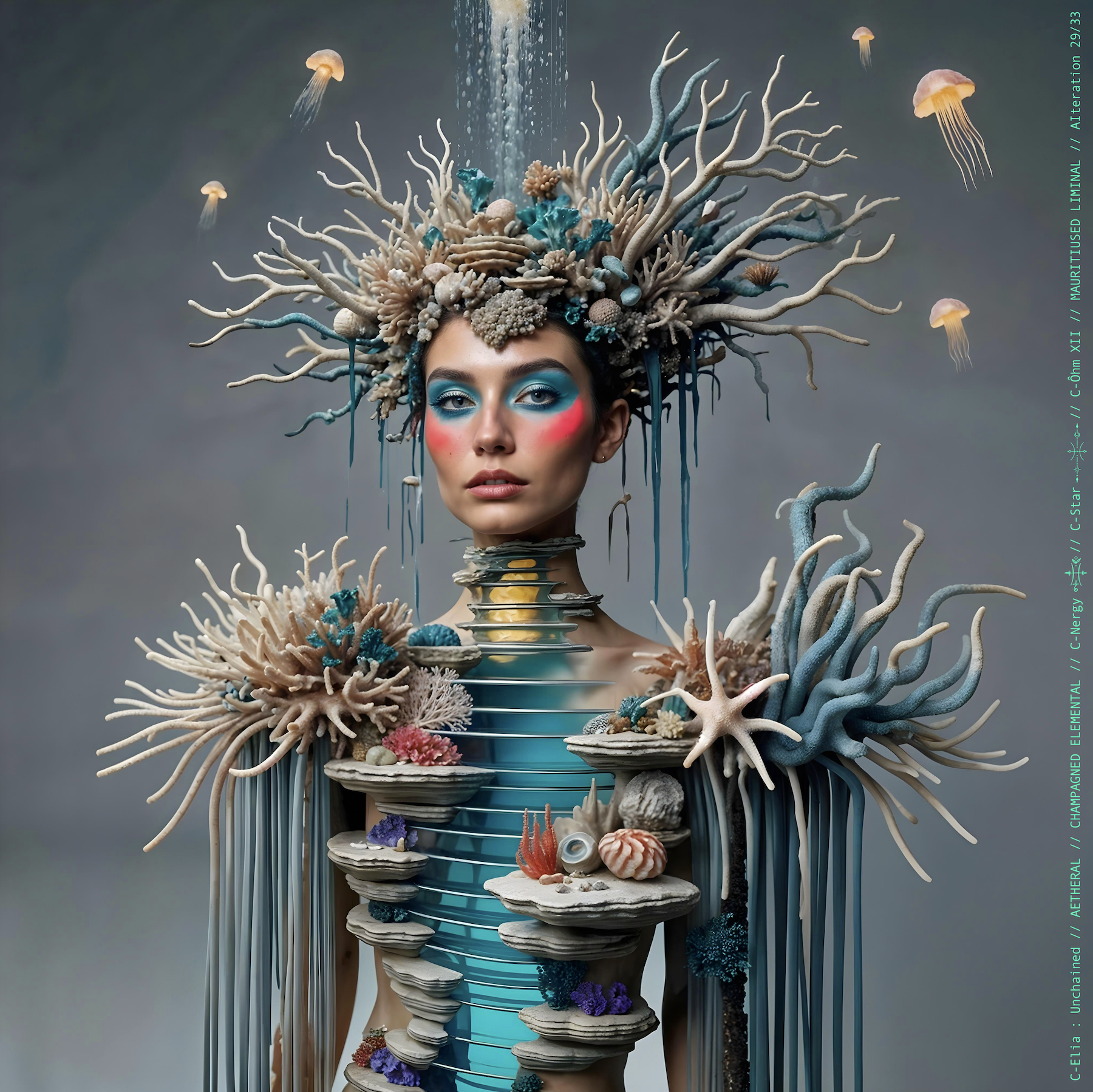 Surreal haute meta couture NFT silhouette from C-Elia: Unchained, Mauritiused Liminal collection, inspired by coral reefs and marine architecture, merging water, light and couture into a floating living sculpture