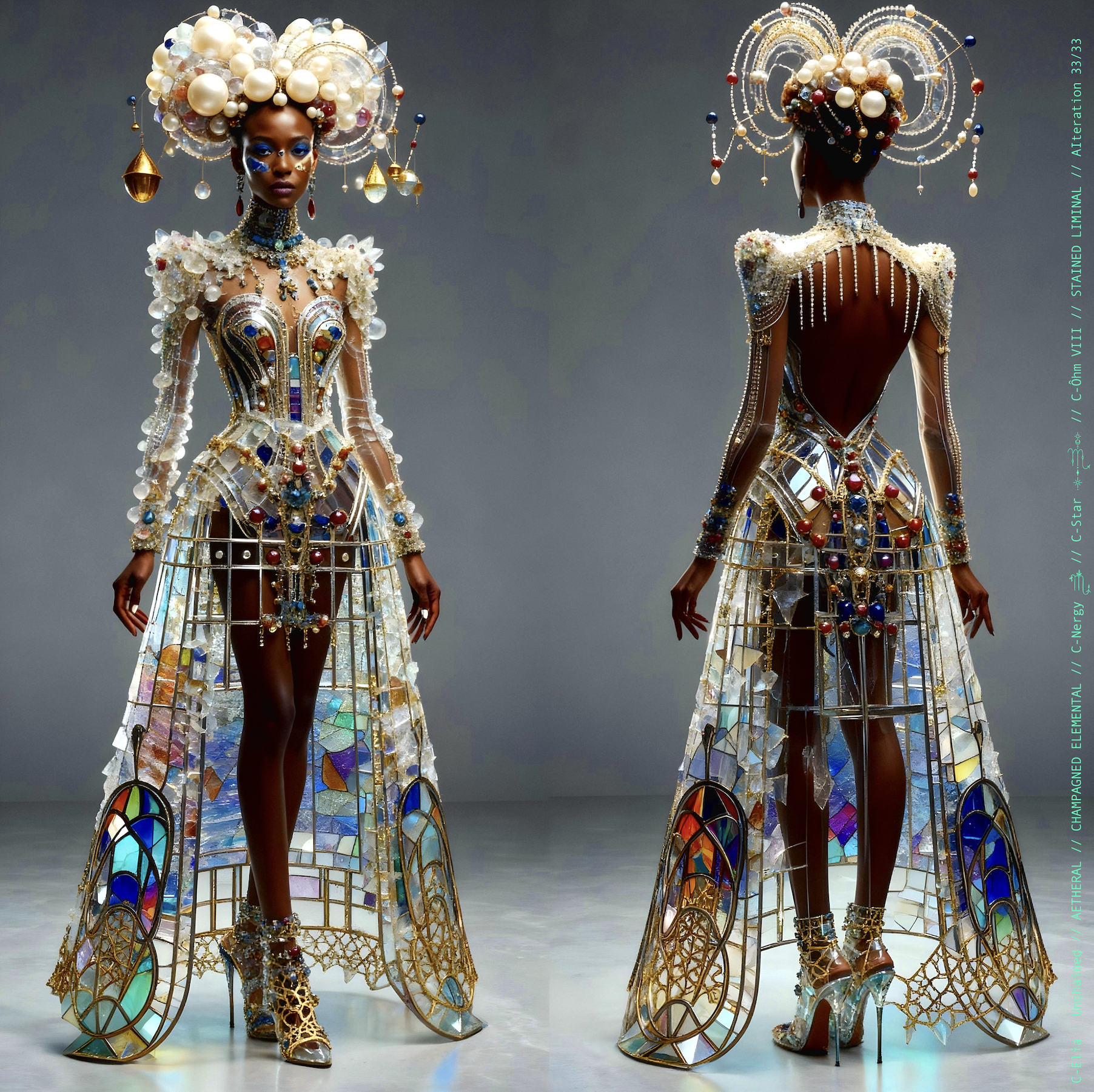 Surreal haute meta couture NFT silhouette from C-Elia: Unchained, Stained Liminal collection, inspired by cathedral stained glass and Mondrian geometry, merging sacred light, metallic reflections, and futuristic architecture into a living holographic couture sculpture.