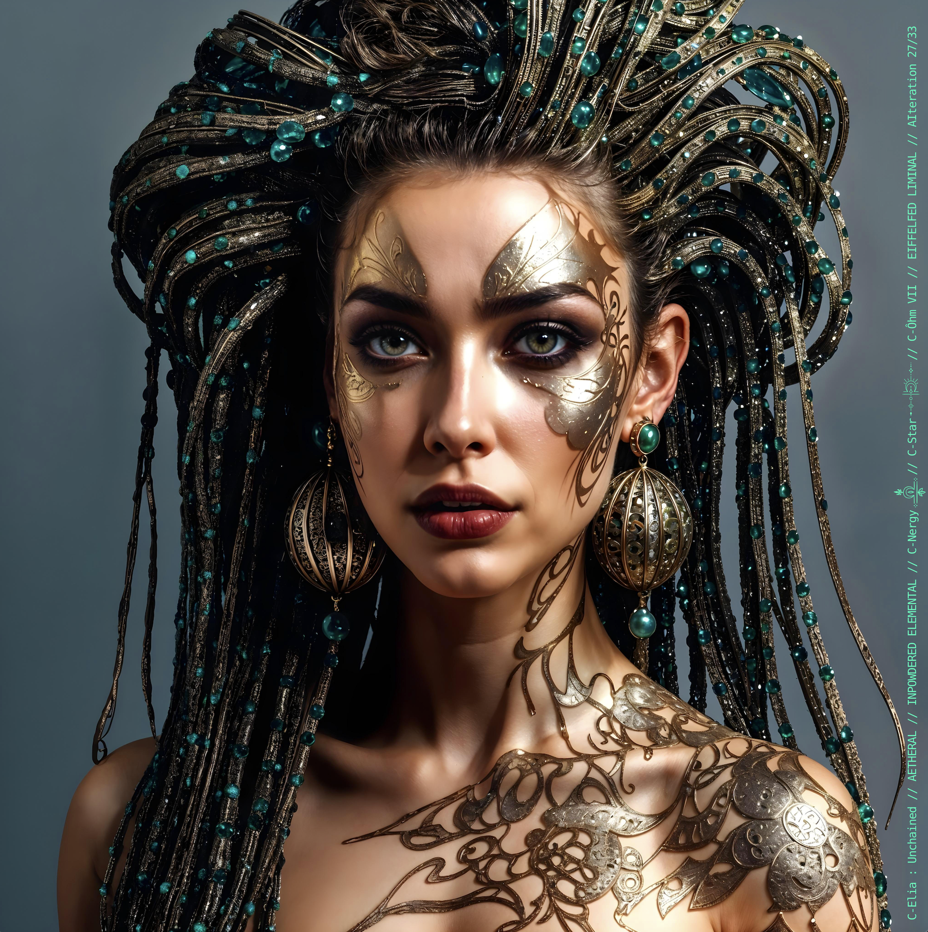 Surreal haute meta couture NFT silhouette from C Elia Unchained, Eiffelfed Liminal collection, merging openwork copper metal, emerald braids, metallic glyph makeup and Parisian architectural couture infused with the atmospheric pulse of Massive Attack and Mad Professor’s “Three.”