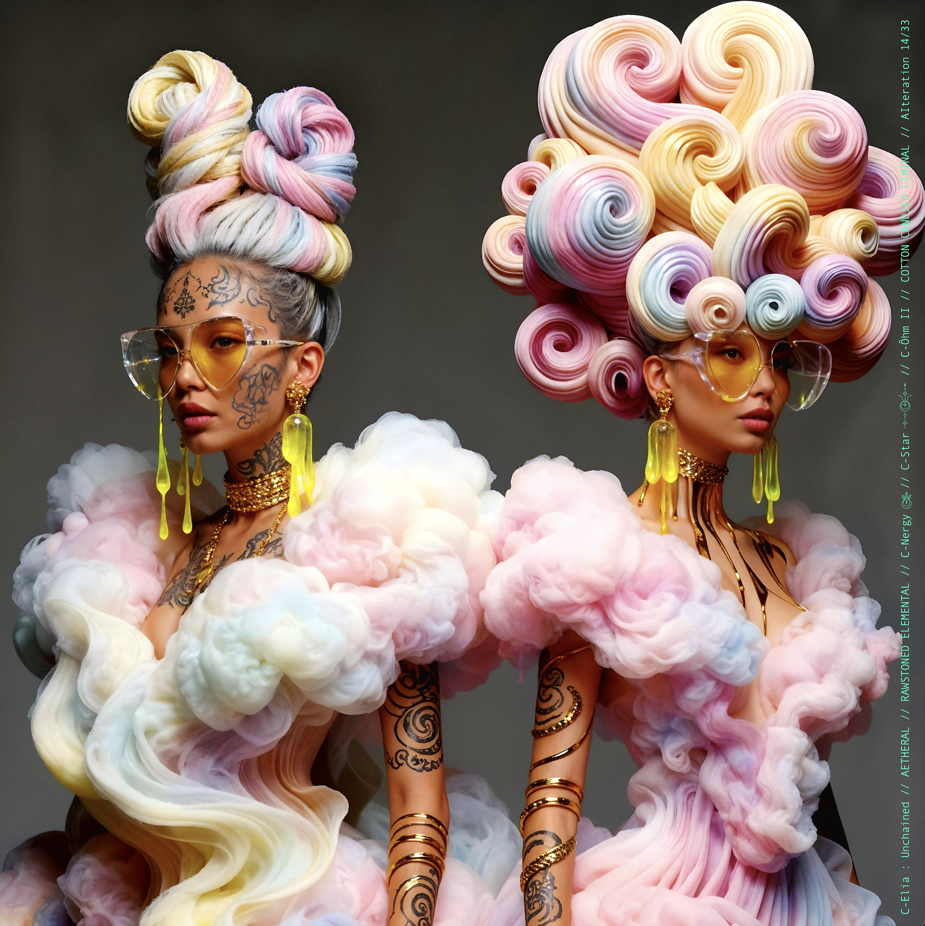 Surreal haute meta couture NFT silhouette from C Elia: Unchained, Cotton Candied Liminal collection, inspired by pastel cotton candy clouds and Khmer gold tattoos, merging sweetness, rebellion and couture into a living vaporous sculpture.