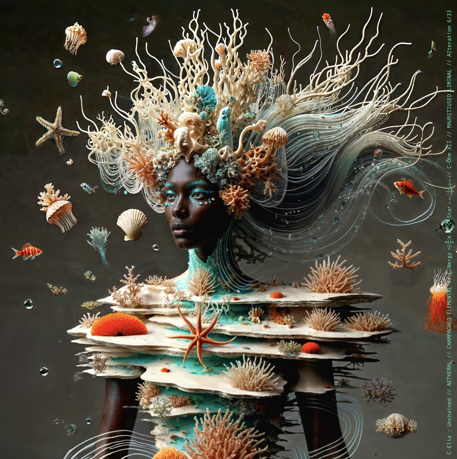 Surreal haute meta couture NFT silhouette from C-Elia: Unchained, Mauritiused Liminal collection, inspired by coral reefs and marine architecture, merging water, light and couture into a floating living sculpture