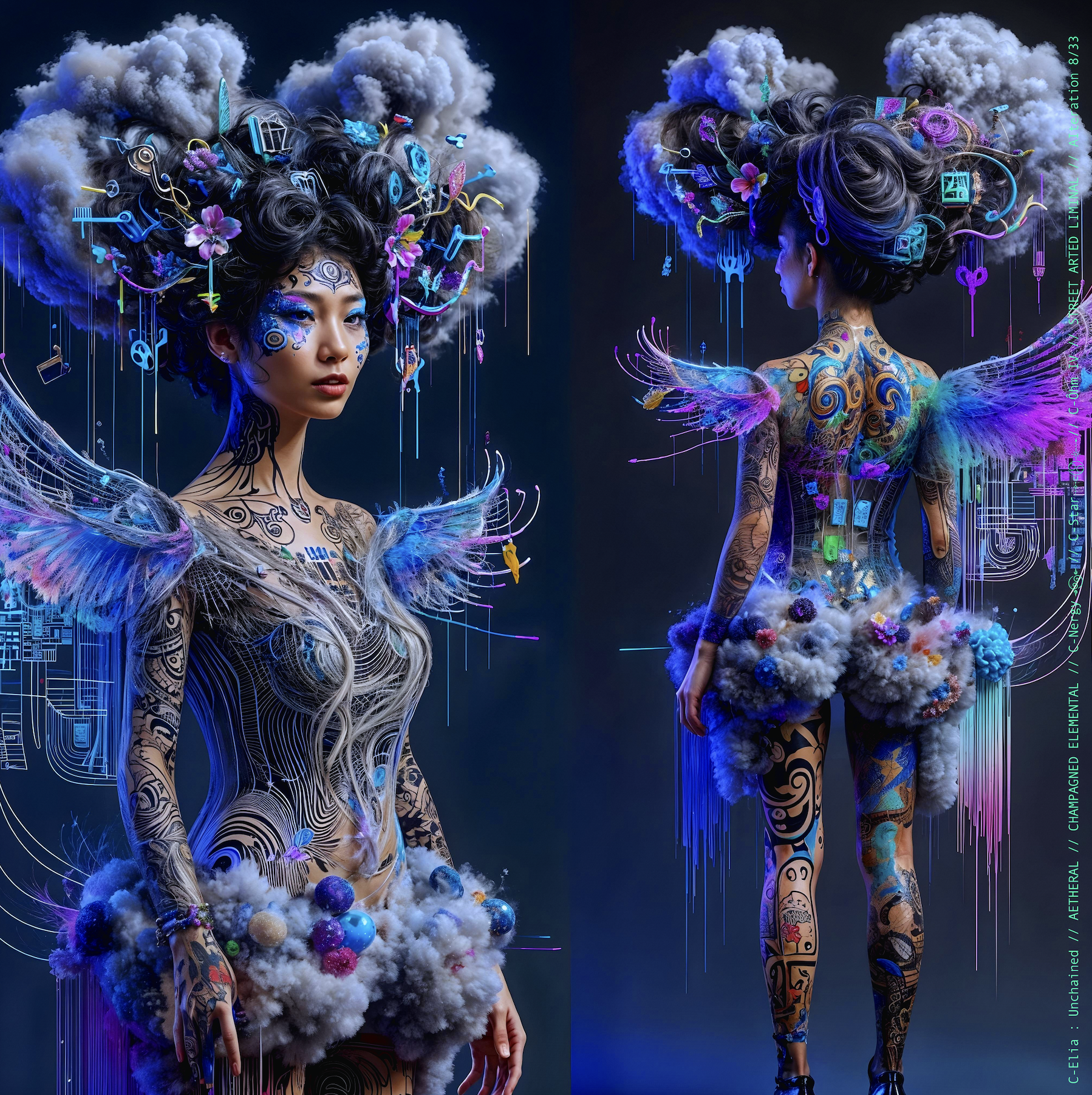 Surreal haute meta couture NFT silhouette from C Elia Unchained, Streetarted Liminal collection, merging liquid graffiti textures, neon mist, chromatic drips and atmospheric street-paint couture.