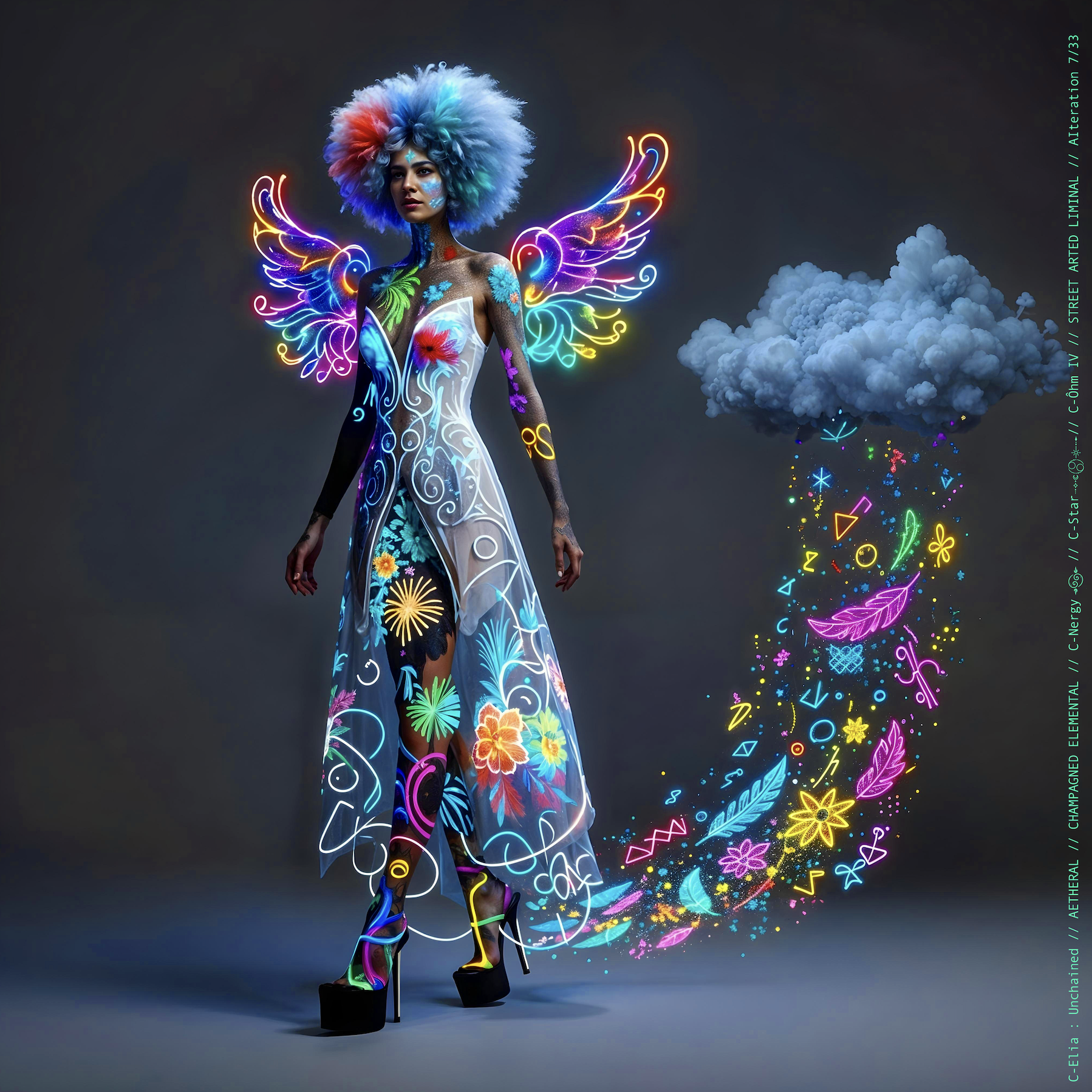 Surreal haute meta couture NFT silhouette from C Elia Unchained, Streetarted Liminal collection, merging liquid graffiti textures, neon mist, chromatic drips and atmospheric street-paint couture.