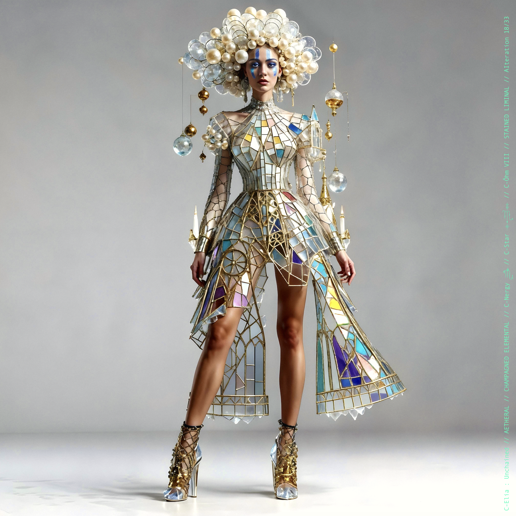 Surreal haute meta couture NFT silhouette from C-Elia: Unchained, Stained Liminal collection, inspired by cathedral stained glass and Mondrian geometry, merging sacred light, metallic reflections, and futuristic architecture into a living holographic couture sculpture.