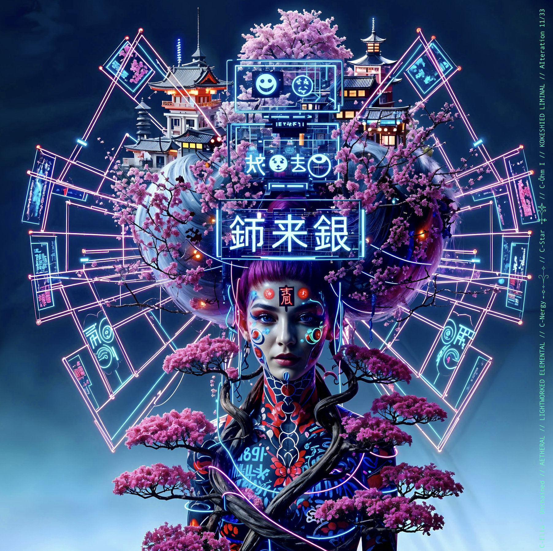 Surreal haute meta couture NFT silhouette from C-Elia: Unchained, Kokeshied Liminal, a fusion of Kyoto serenity and Shibuya light embodied in a living digital shrine.