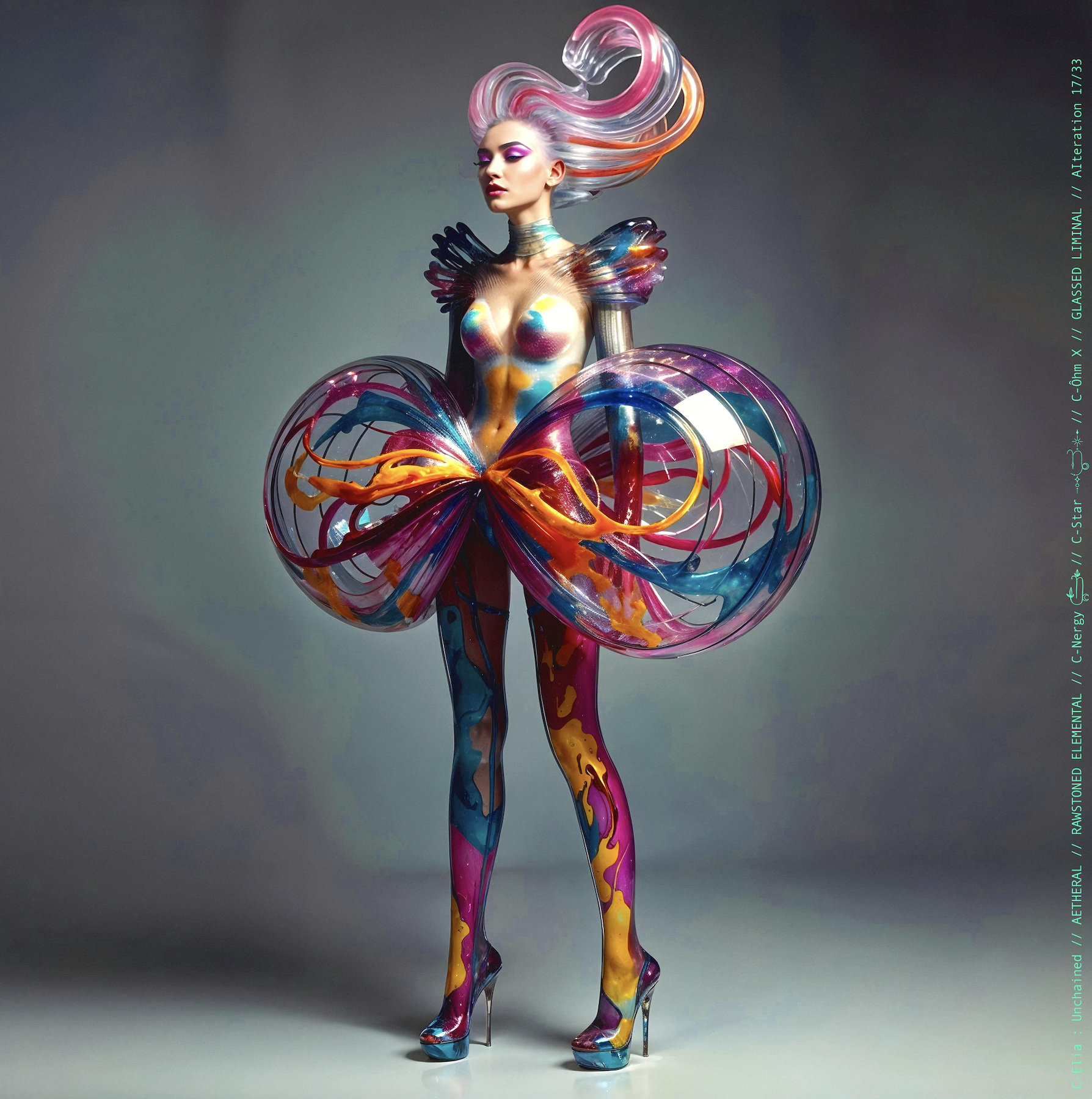 Surreal haute meta couture NFT silhouette from C-Elia: Unchained, Glassed Liminal collection, inspired by blown glass and molten light, merging fragility, transparency and grandeur into an avant garde architectural couture sculpture.