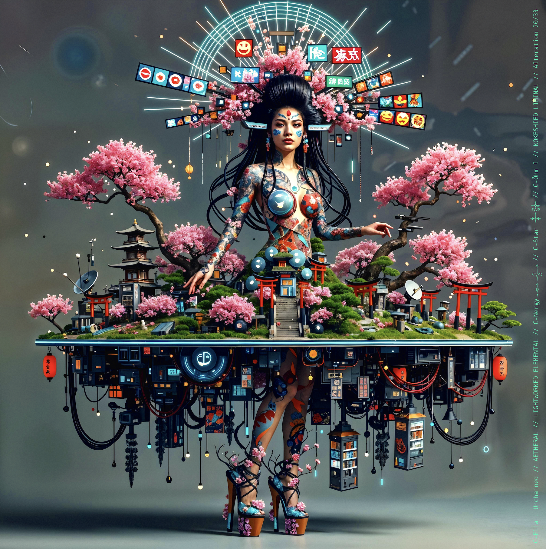 Surreal haute meta couture NFT silhouette from C-Elia: Unchained, Kokeshied Liminal, a fusion of Kyoto serenity and Shibuya light embodied in a living digital shrine.