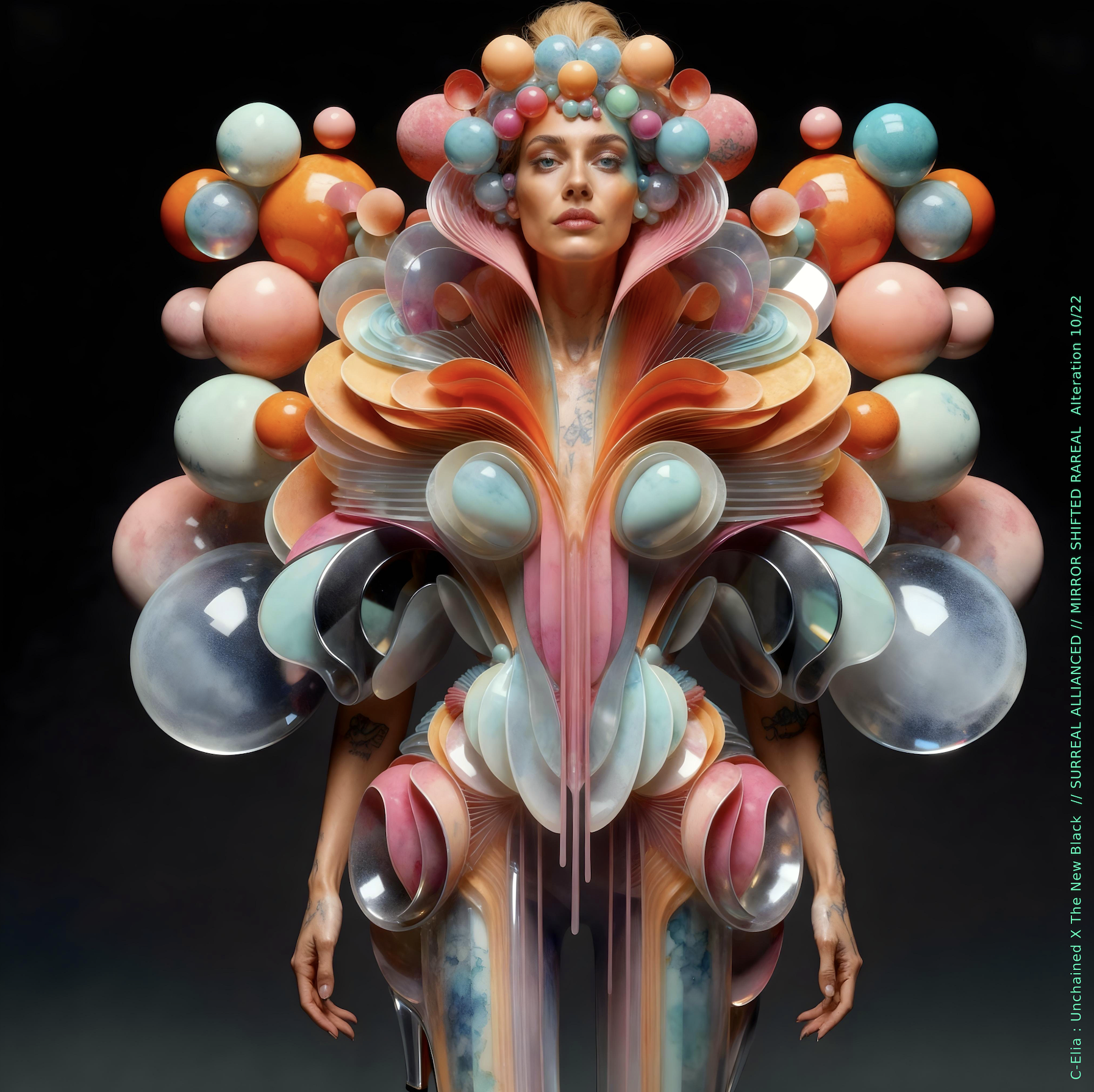 Surreal haute meta couture NFT silhouette from C-Elia: Unchained, Thenewblacked Allianced Liminal, created in collaboration with tThe New Black, merging resin, glass, acrylic and light into a living prism of translucent geometry.