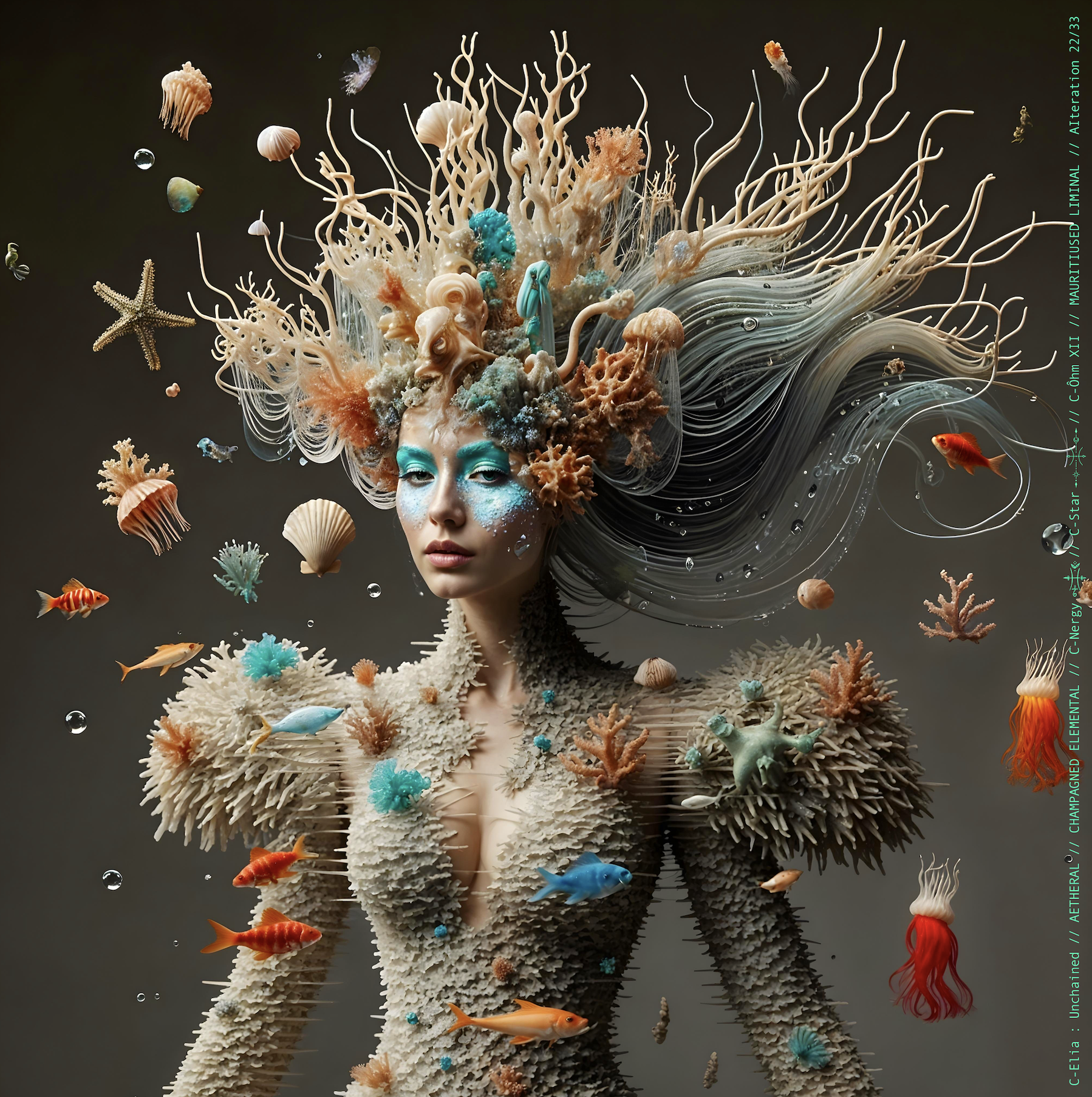 Surreal haute meta couture NFT silhouette from C-Elia: Unchained, Mauritiused Liminal collection, inspired by coral reefs and marine architecture, merging water, light and couture into a floating living sculpture