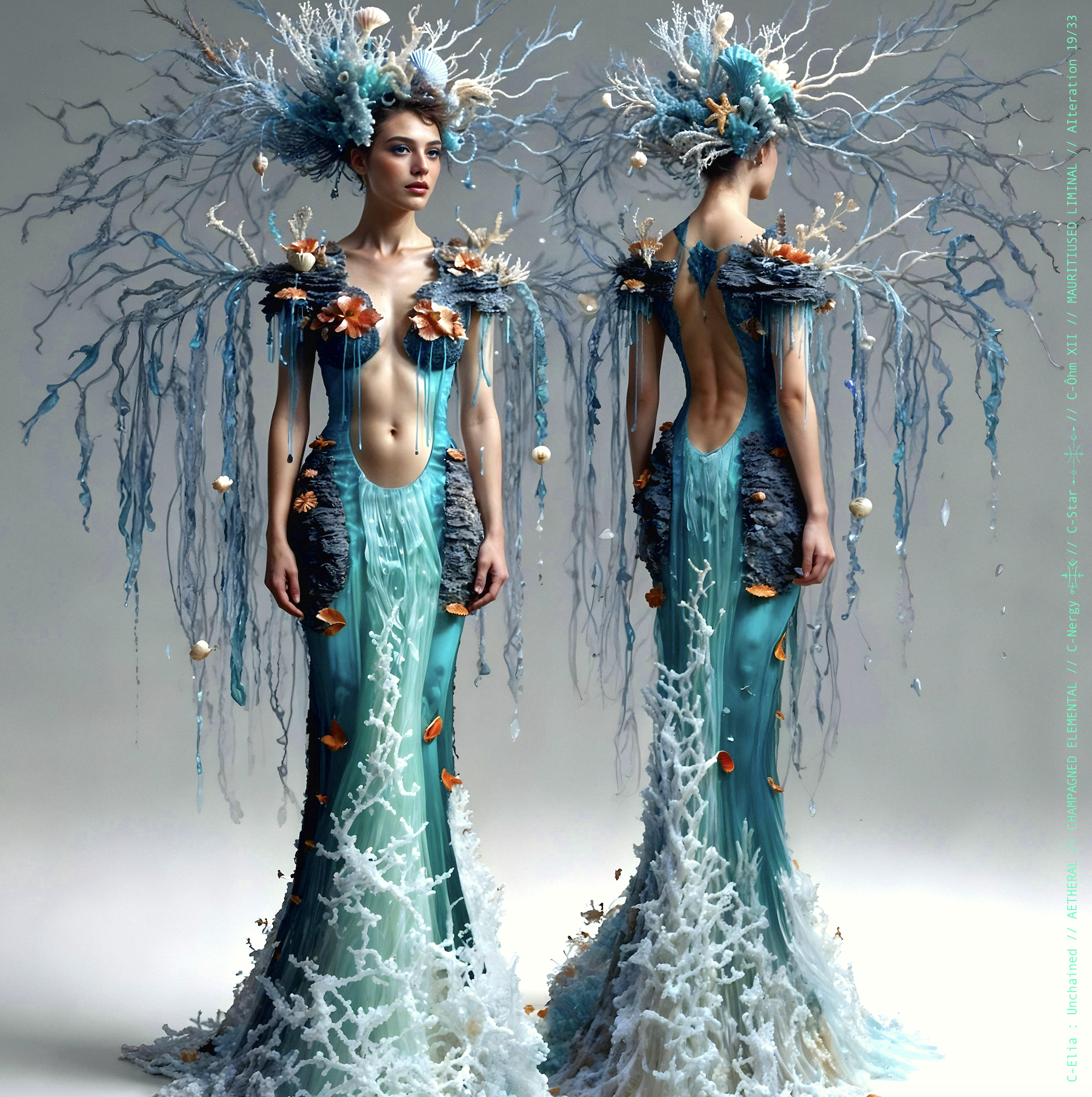 Surreal haute meta couture NFT silhouette from C-Elia: Unchained, Mauritiused Liminal collection, inspired by coral reefs and marine architecture, merging water, light and couture into a floating living sculpture