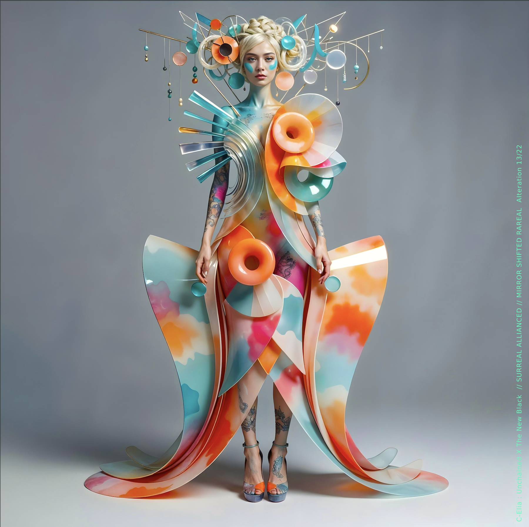 Surreal haute meta couture NFT silhouette from C-Elia: Unchained, Thenewblacked Allianced Liminal, created in collaboration with tThe New Black, merging resin, glass, acrylic and light into a living prism of translucent geometry.