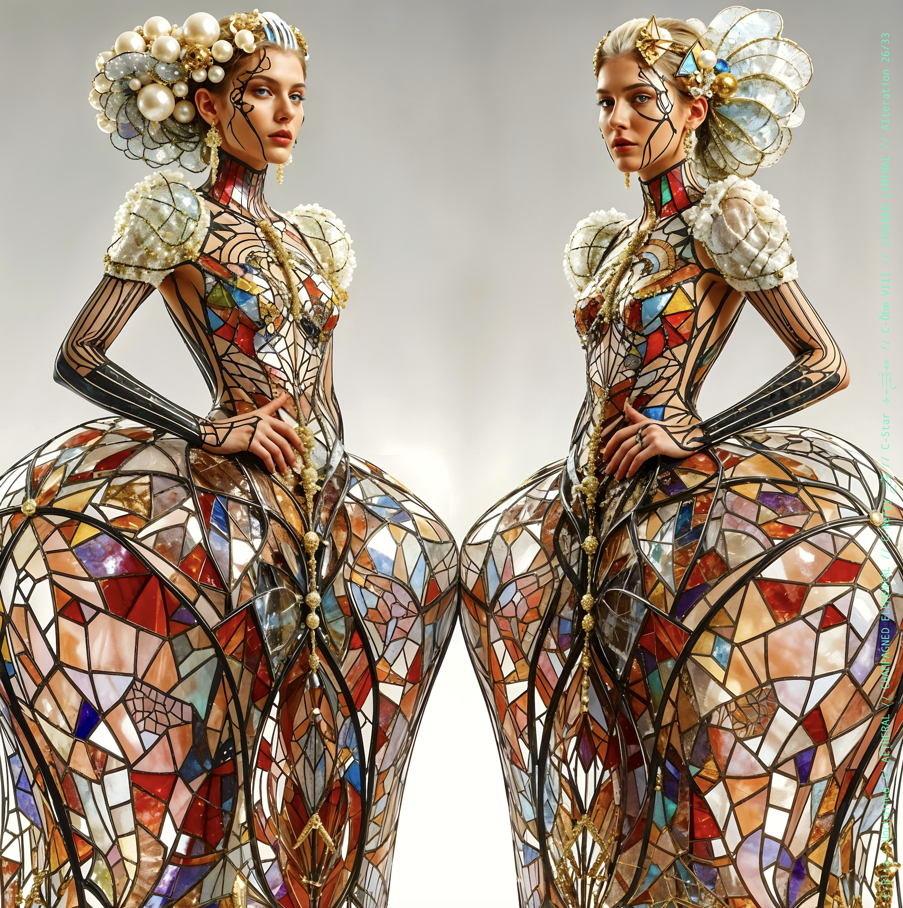 Surreal haute meta couture NFT silhouette from C-Elia: Unchained, Stained Liminal collection, inspired by cathedral stained glass and Mondrian geometry, merging sacred light, metallic reflections, and futuristic architecture into a living holographic couture sculpture.