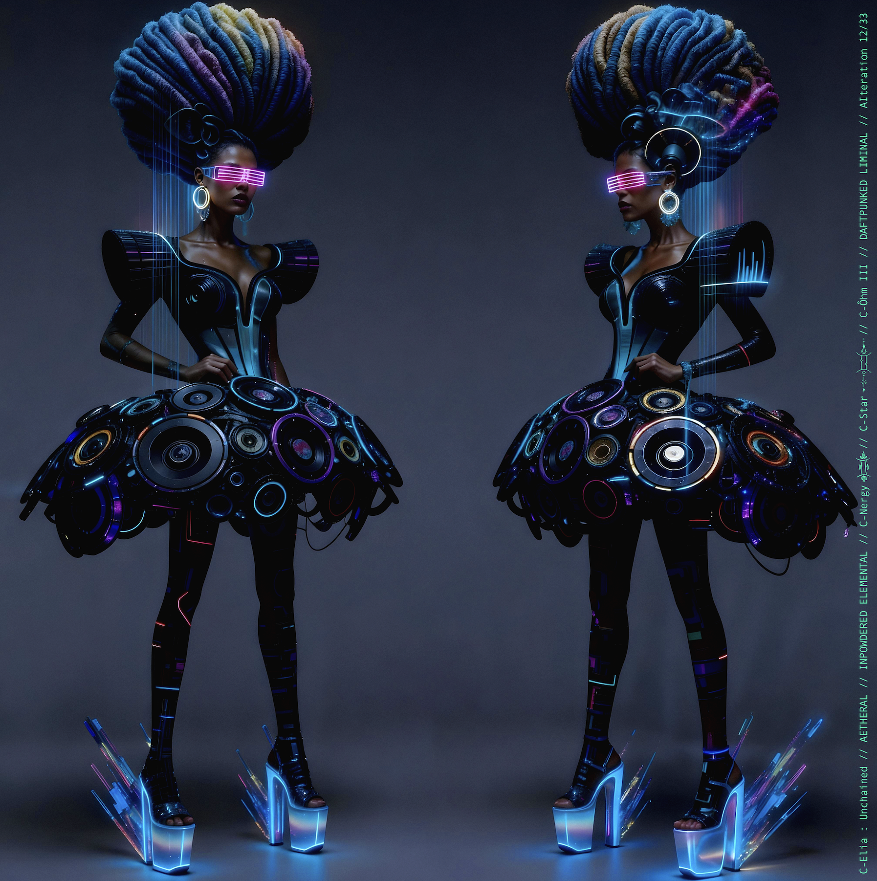 Surreal haute meta couture NFT silhouette from C Elia Unchained, Daftpunked Liminal collection, inspired by electronic neon aesthetics and the luminous frequencies of Daft Punk Alive 2008, merging holographic vinyl, glitch light and couture architecture.

