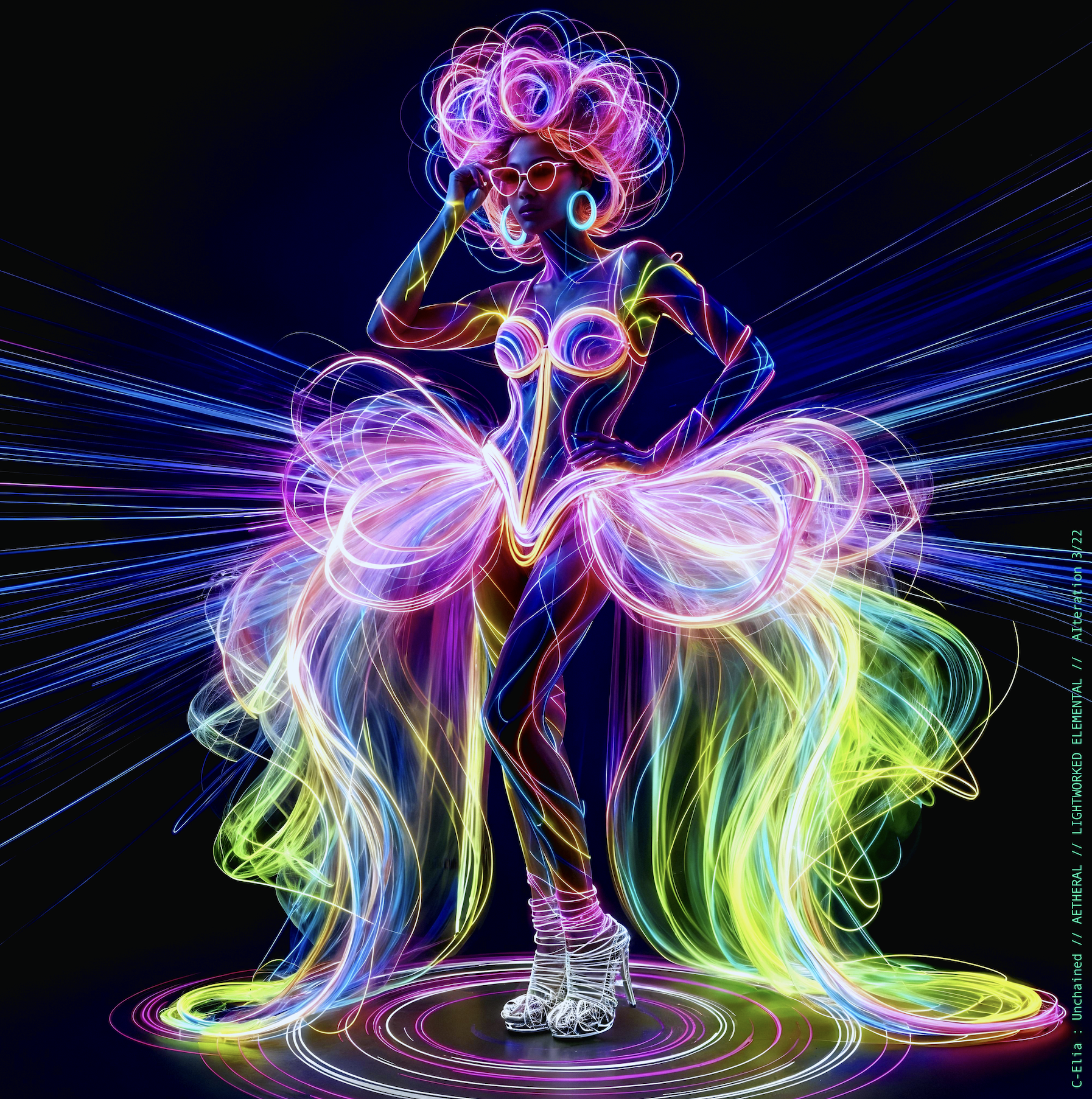 Surreal haute meta couture NFT silhouette from C-Elia: Unchained, Lightworked Elemental collection, a luminous architectural form sketched entirely in neon-painted lines and glowing contours, blending avant-garde light geometry with ethereal couture energy.