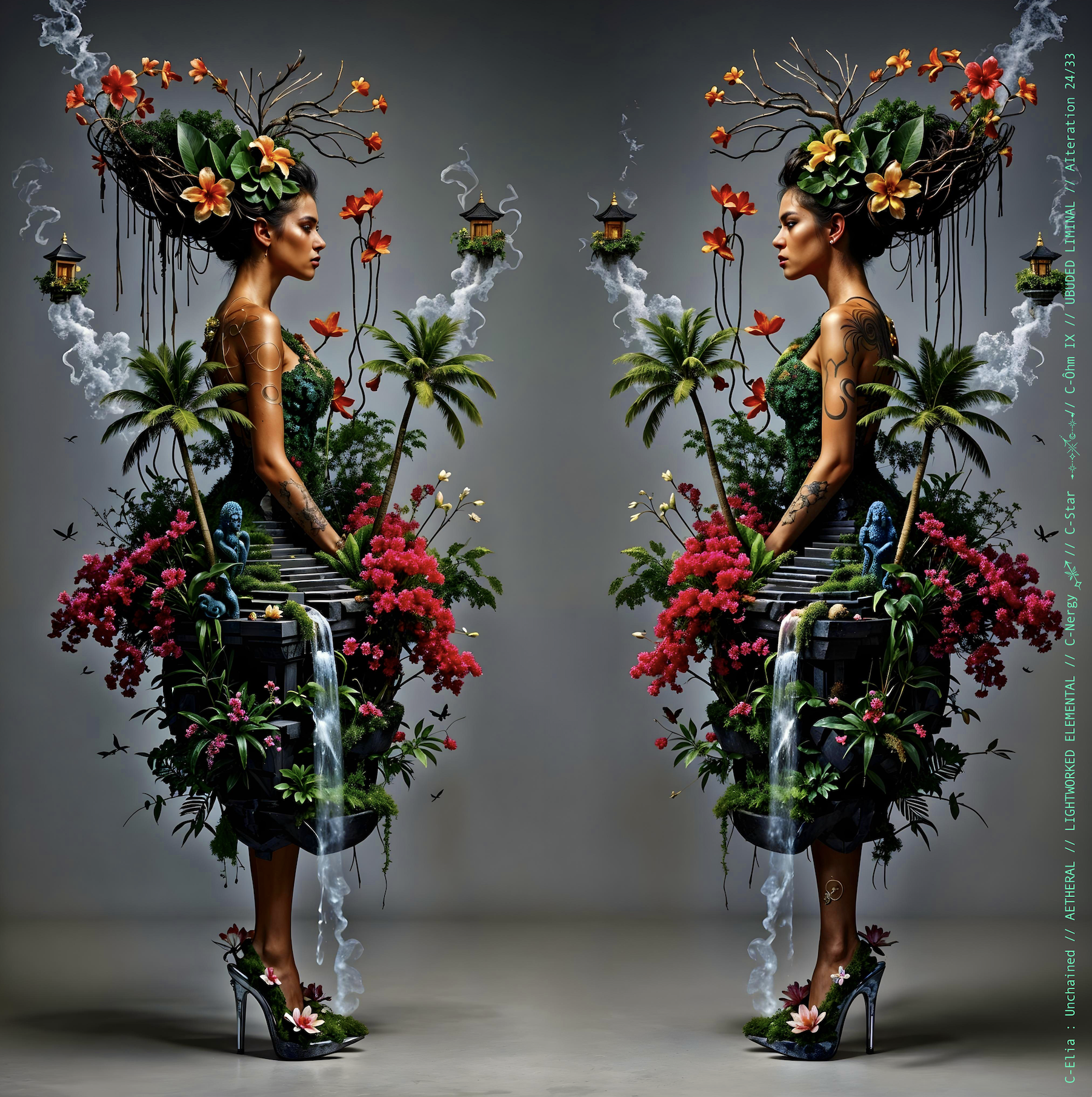 Surreal haute meta couture NFT silhouette from C Elia Unchained, Ubuded Liminal collection, merging tropical Balinese garden architecture, volcanic stone, drifting petals, incense smoke and sacred botanical couture inspired by Asian Dub Foundation’s “Witness.”