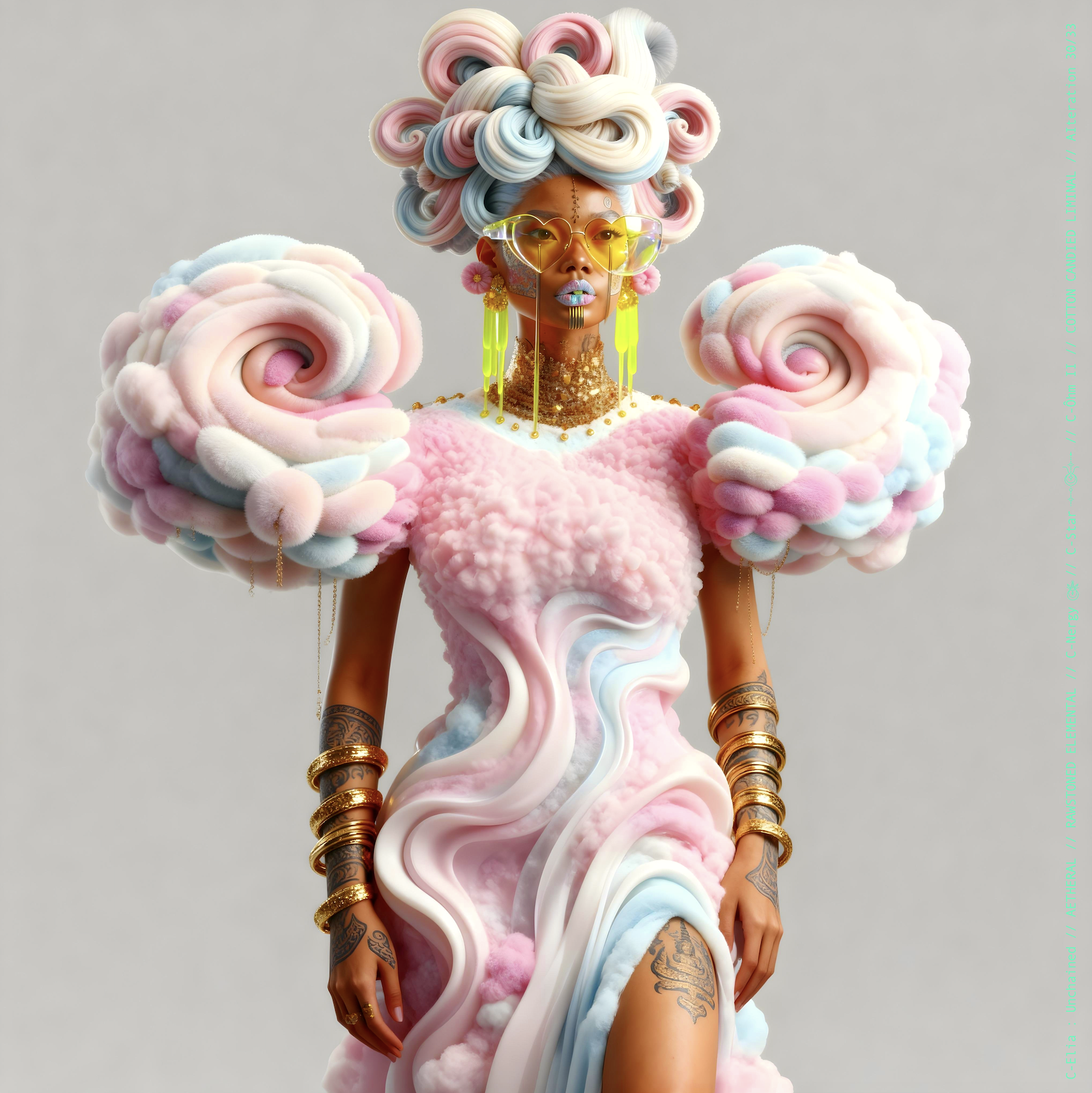 Surreal haute meta couture NFT silhouette from C Elia: Unchained, Cotton Candied Liminal collection, inspired by pastel cotton candy clouds and Khmer gold tattoos, merging sweetness, rebellion and couture into a living vaporous sculpture.