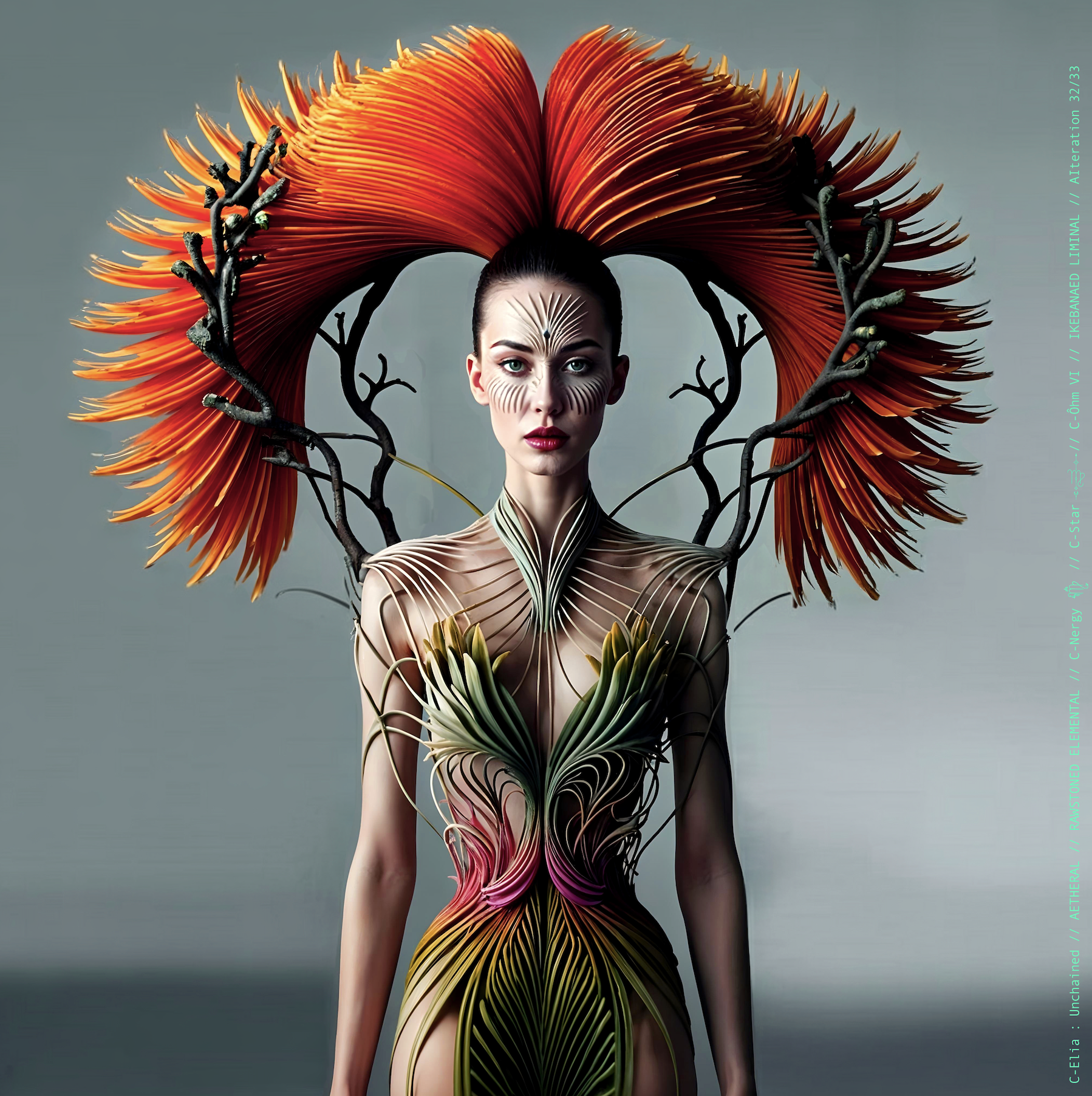 Surreal haute meta couture NFT silhouette from C-Elia: Unchained, Ikebanaed Liminal collection, inspired by floral architecture and Japanese composition, merging nature, geometry and serenity into a living couture sculpture.