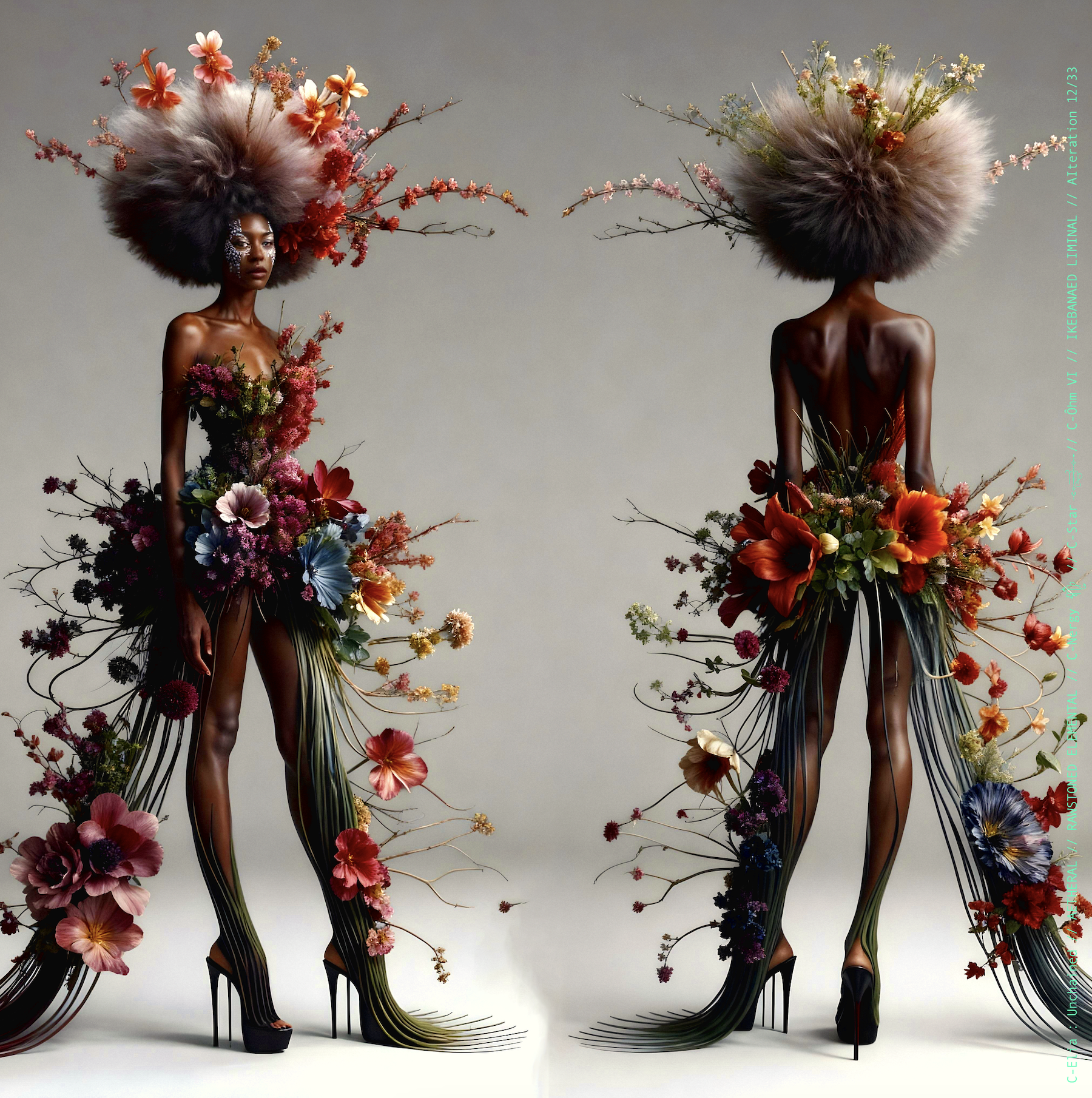Surreal haute meta couture NFT silhouette from C-Elia: Unchained, Ikebanaed Liminal collection, inspired by floral architecture and Japanese composition, merging nature, geometry and serenity into a living couture sculpture.