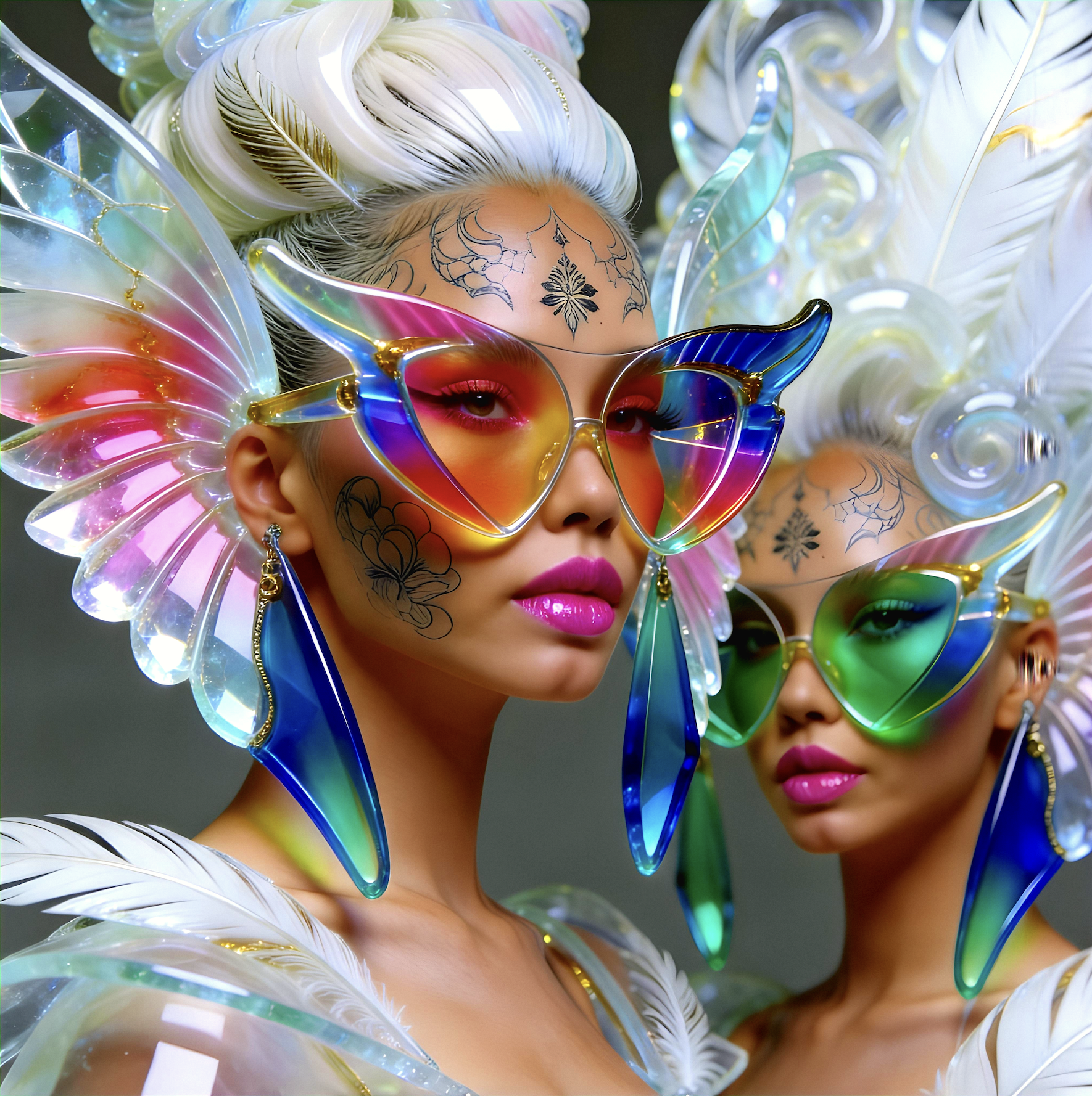 Surreal haute meta couture NFT silhouette from C-Elia: Unchained, Surreal female top model wearing an avant-garde haute couture glass sculpture with oversized colorful optical glasses, translucent white structure with gold veins, Iris Framed collection.