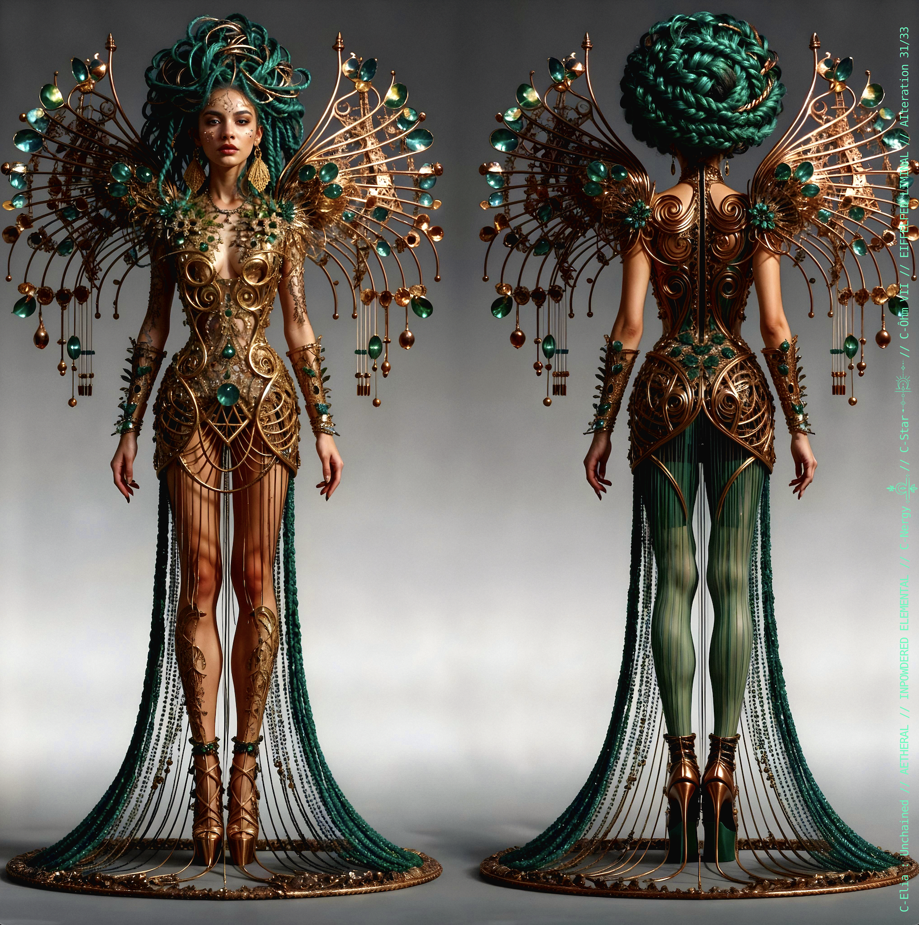 Surreal haute meta couture NFT silhouette from C Elia Unchained, Eiffelfed Liminal collection, merging openwork copper metal, emerald braids, metallic glyph makeup and Parisian architectural couture infused with the atmospheric pulse of Massive Attack and Mad Professor’s “Three.”