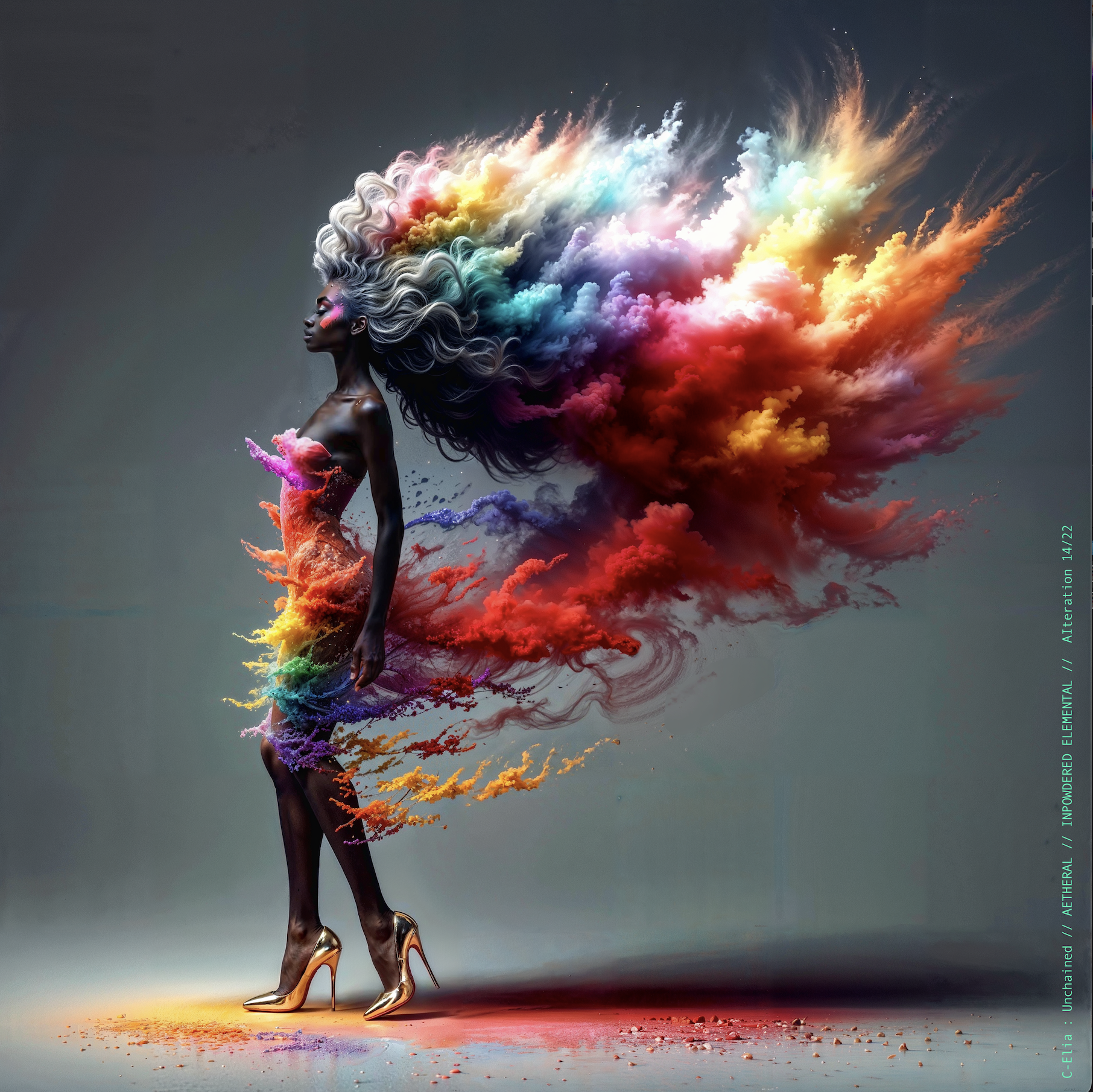 Surreal haute meta couture NFT silhouette from C Elia Unchained, Impowdered Elemental collection, formed from airborne rainbow powders, vaporous chromatic clouds and wind-sculpted avant garde couture.