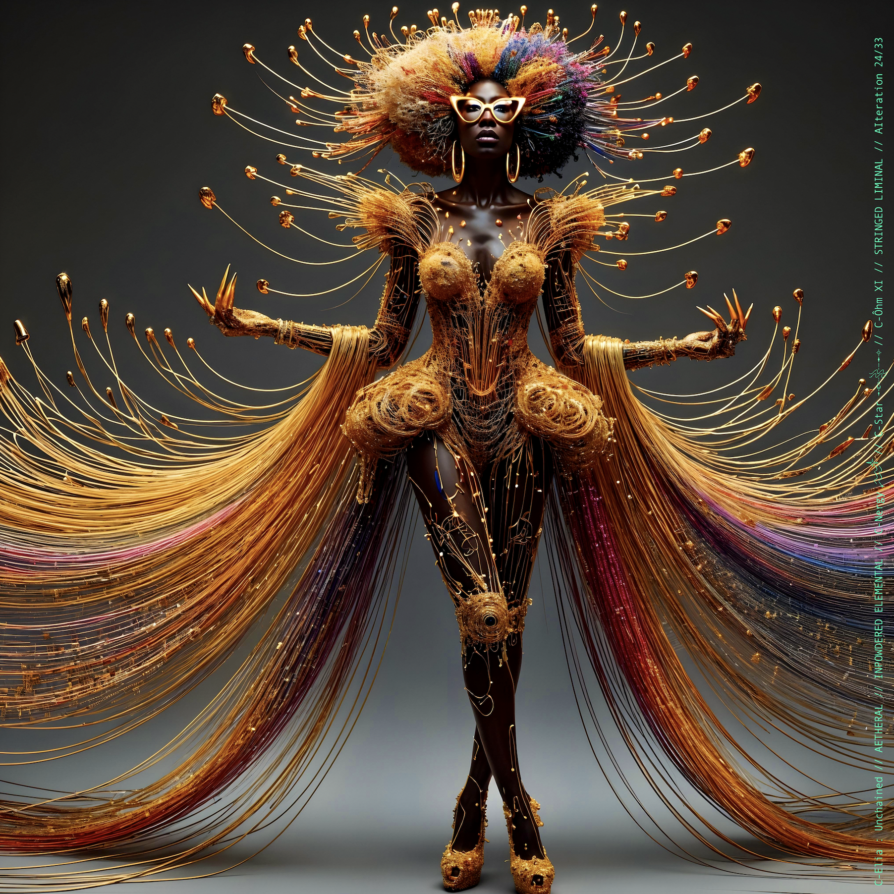 Surreal haute meta  couture NFT silhouette from C-Elia: Unchained, Stringed Liminal collection. A living sculpture made entirely of golden and colored strings, merging art, vibration and geometry into a resonant couture form.