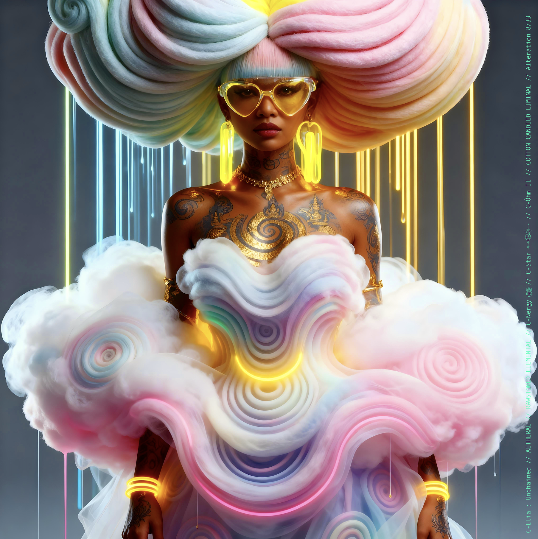 Surreal haute meta couture NFT silhouette from C Elia: Unchained, Cotton Candied Liminal collection, inspired by pastel cotton candy clouds and Khmer gold tattoos, merging sweetness, rebellion and couture into a living vaporous sculpture.