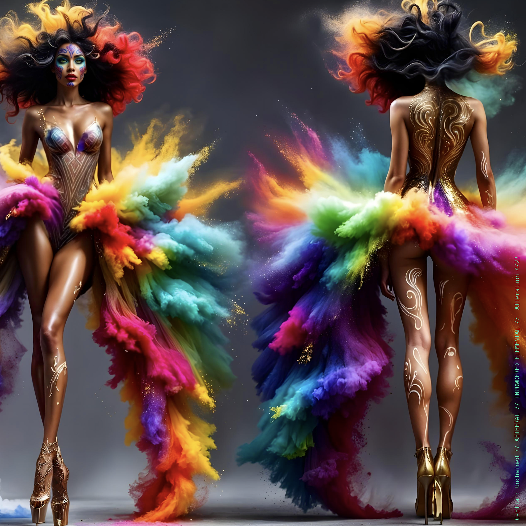 Surreal haute meta couture NFT silhouette from C Elia Unchained, Impowdered Elemental collection, formed from airborne rainbow powders, vaporous chromatic clouds and wind-sculpted avant garde couture.