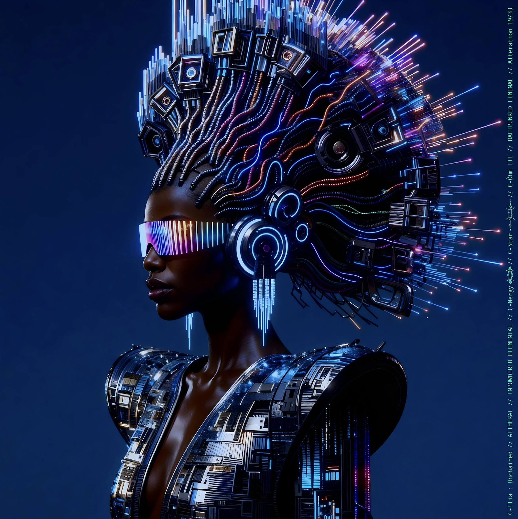 Surreal haute meta couture NFT silhouette from C Elia Unchained, Daftpunked Liminal collection, inspired by electronic neon aesthetics and the luminous frequencies of Daft Punk Alive 2008, merging holographic vinyl, glitch light and couture architecture.

