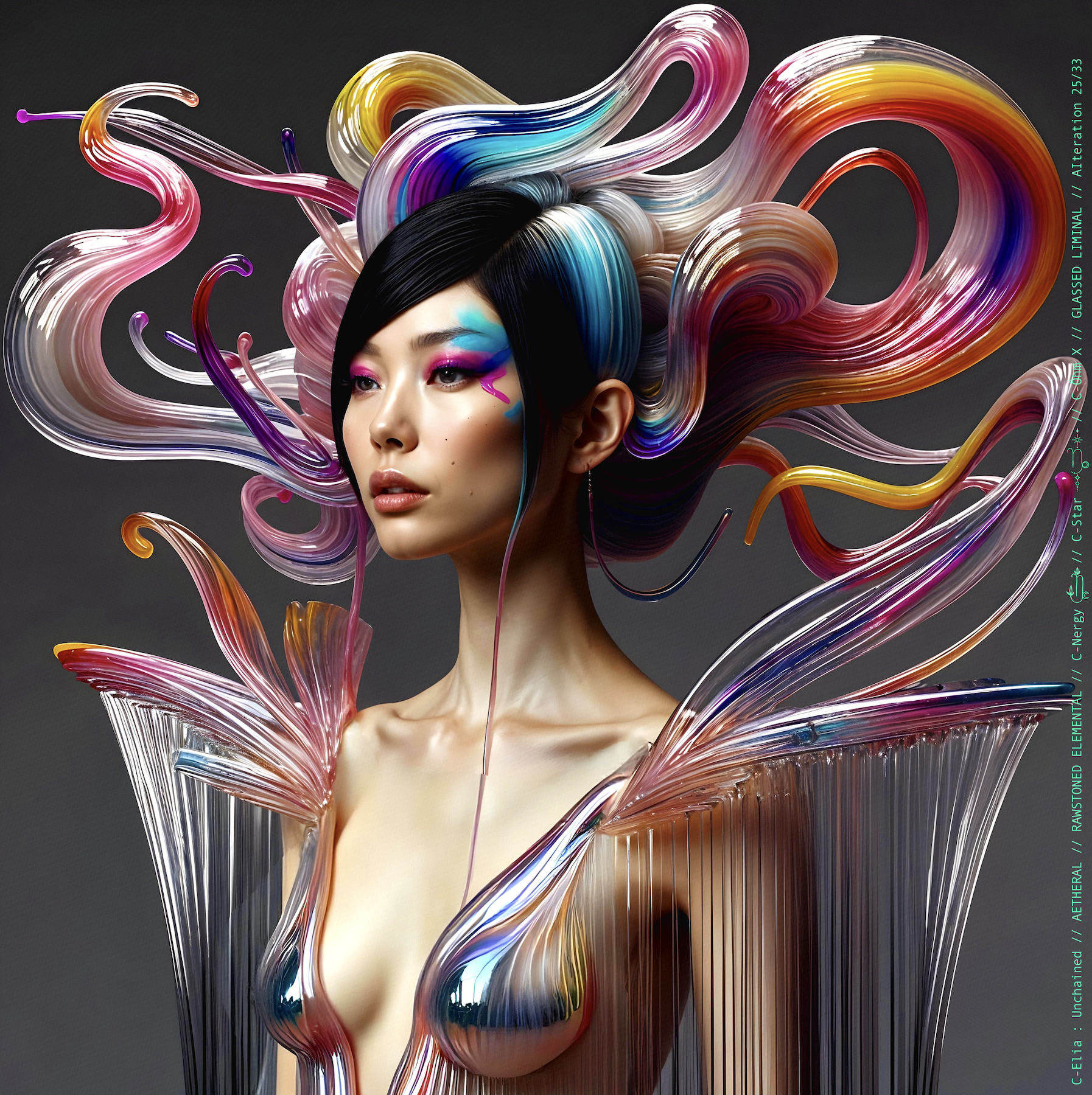 Surreal haute meta couture NFT silhouette from C-Elia: Unchained, Glassed Liminal collection, inspired by blown glass and molten light, merging fragility, transparency and grandeur into an avant garde architectural couture sculpture.