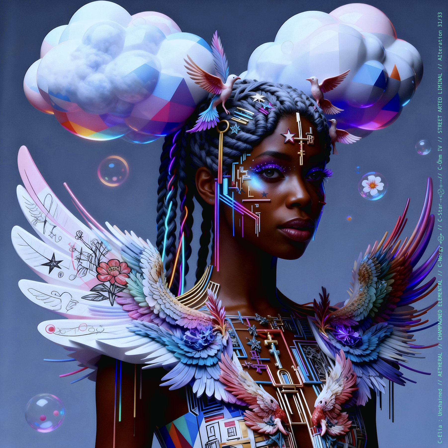 Surreal haute meta couture NFT silhouette from C Elia Unchained, Streetarted Liminal collection, merging liquid graffiti textures, neon mist, chromatic drips and atmospheric street-paint couture.