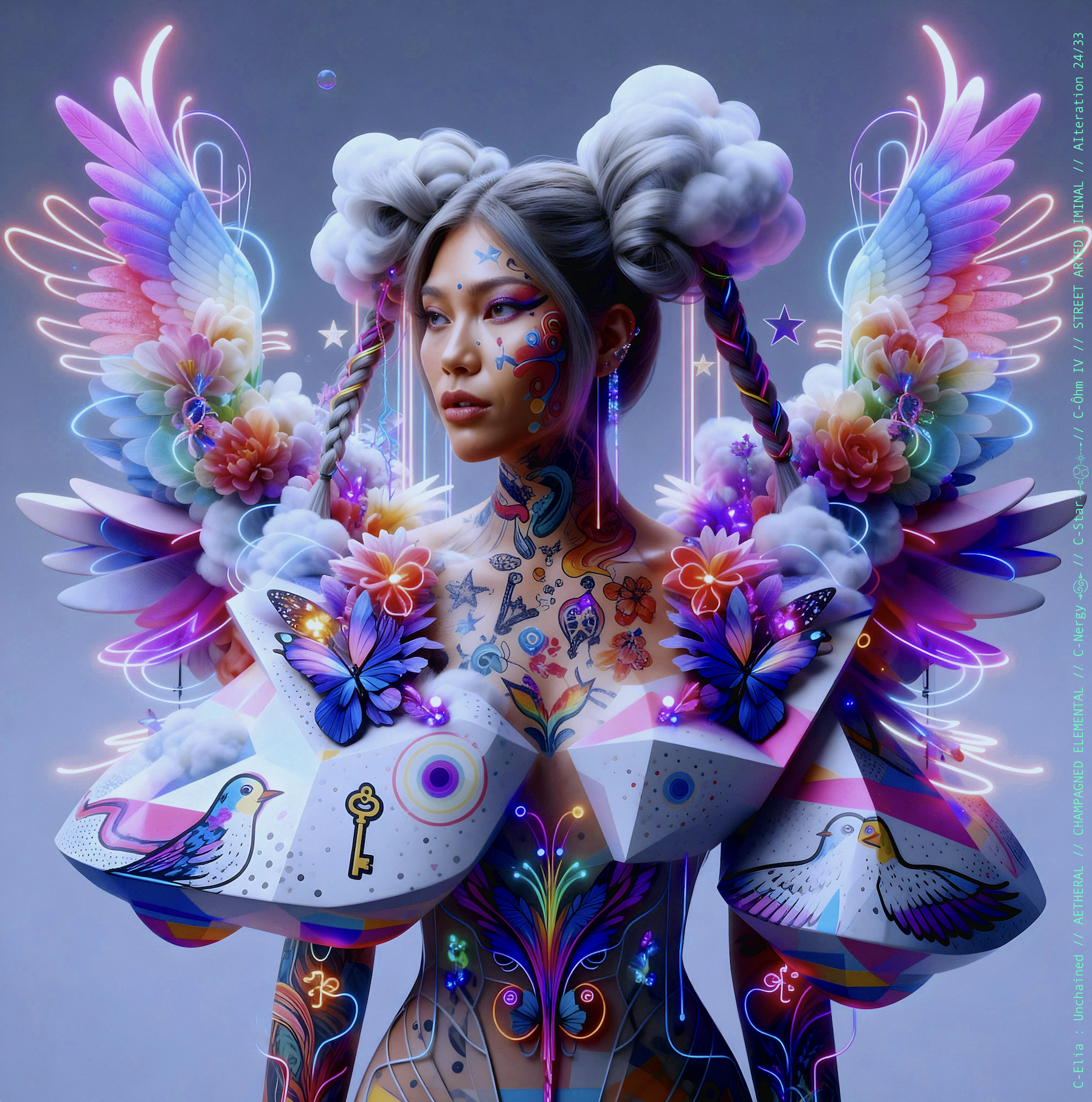 Surreal haute meta couture NFT silhouette from C Elia Unchained, Streetarted Liminal collection, merging liquid graffiti textures, neon mist, chromatic drips and atmospheric street-paint couture.