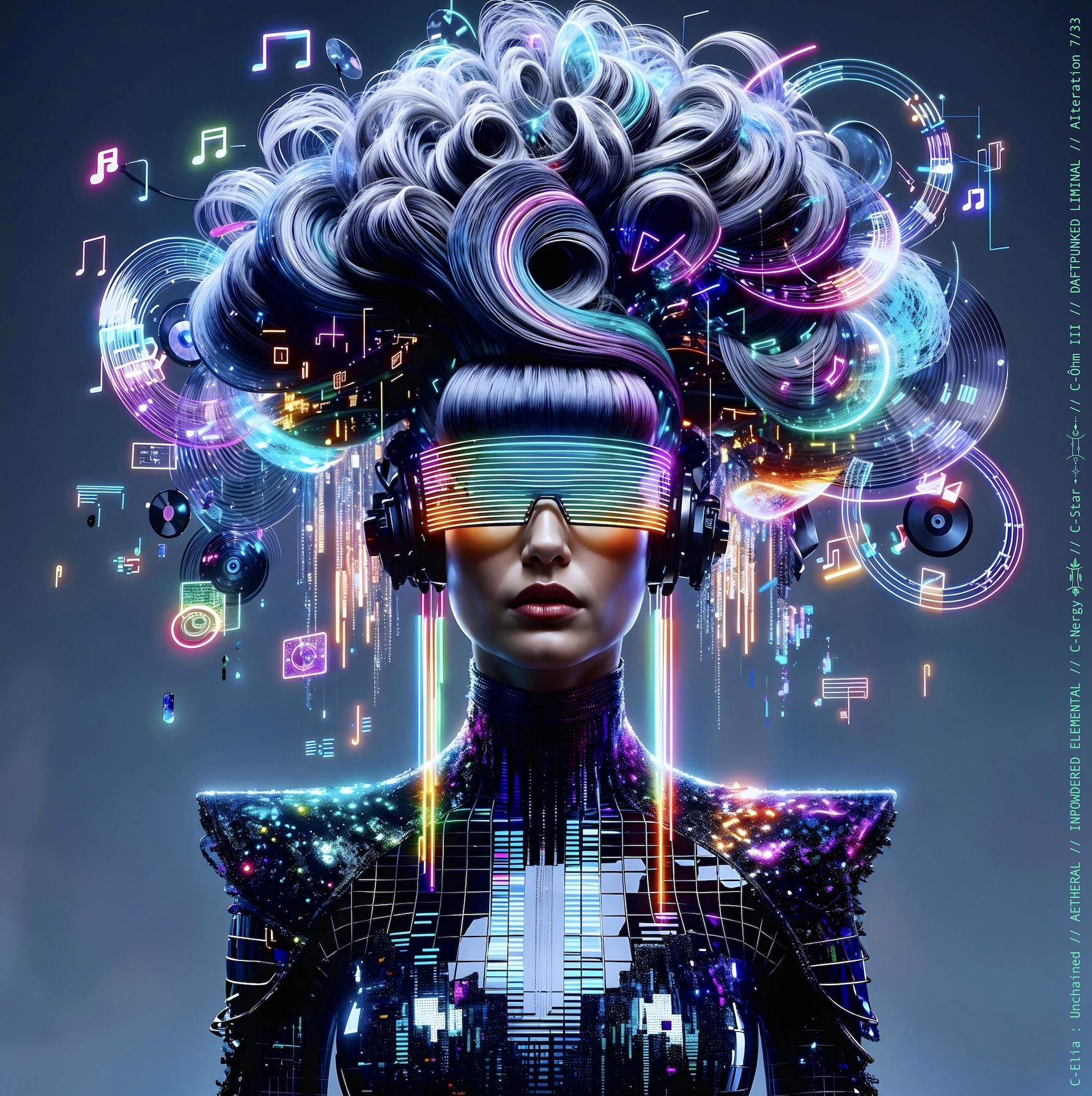 Surreal haute meta couture NFT silhouette from C Elia Unchained, Daftpunked Liminal collection, inspired by electronic neon aesthetics and the luminous frequencies of Daft Punk Alive 2008, merging holographic vinyl, glitch light and couture architecture.

